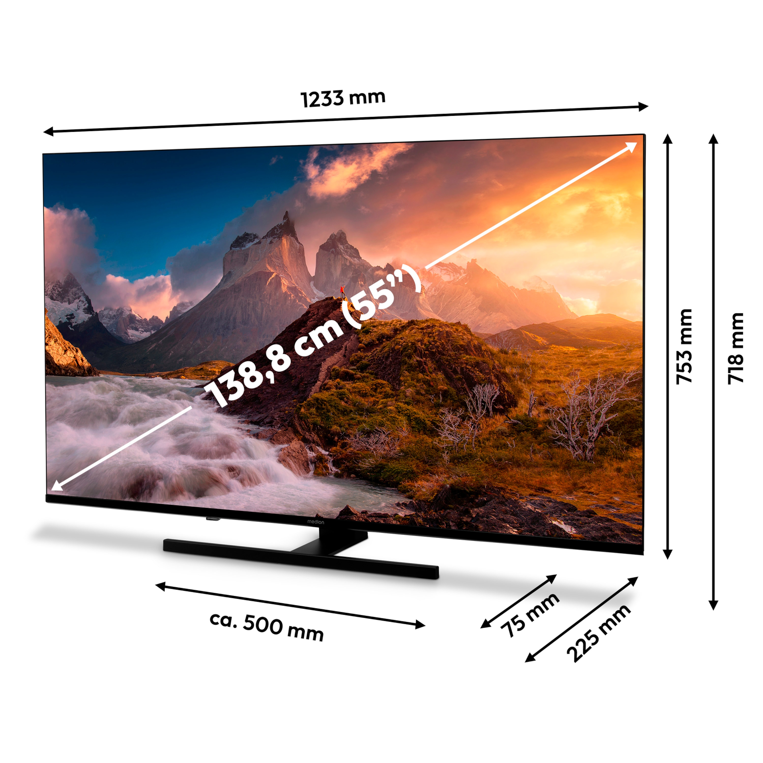 MEDION® LIFE® MD 855700 QLED Google TV™, 138,8 cm (55'') Ultra HD, HDR, Dolby Vision®, MEMC, PVR ready, Netflix, Amazon Prime Video, Bluetooth®, Dolby Atmos, DTS Virtual X, DTS X, HD Triple Tuner, CI+ Schnittstelle