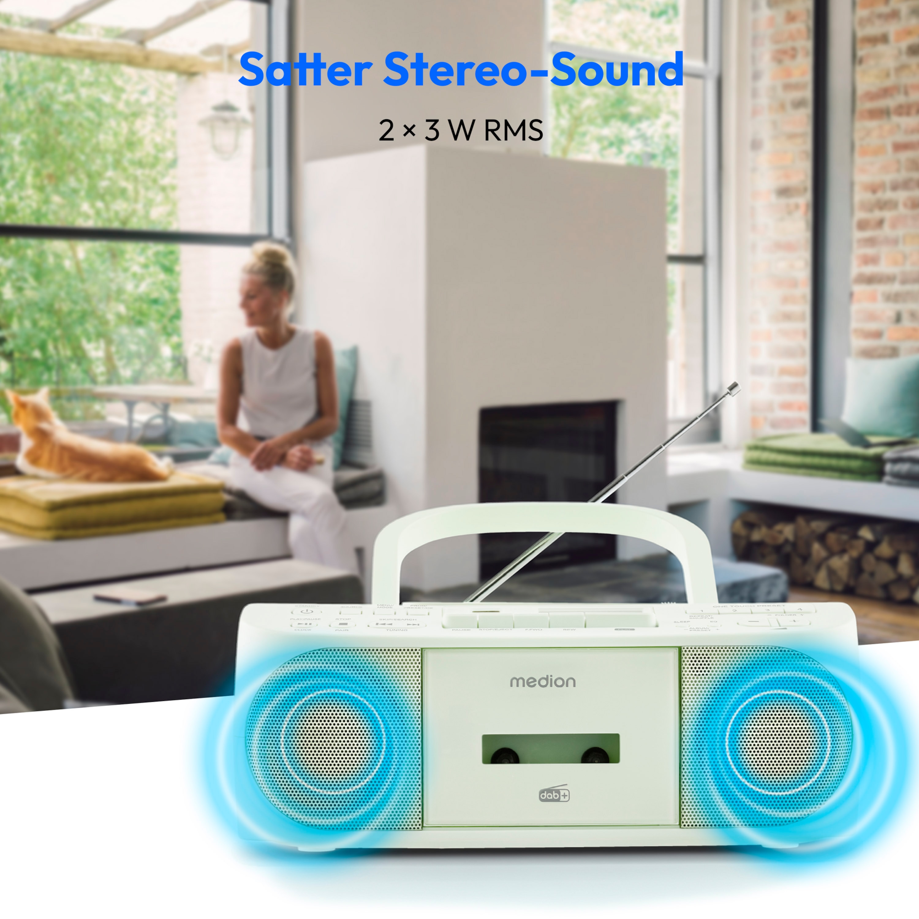 MEDION® LIFE® DRX-1 Plus Boombox, DAB+/PLL-UKW-Stereo Radio, Bluetooth® 5.4, CD-Kassetten-Radio mit MP3-Wiedergabe, USB Anschluss, CD-R/RW kompatibel, AUX-In, 2 x 3 W RMS