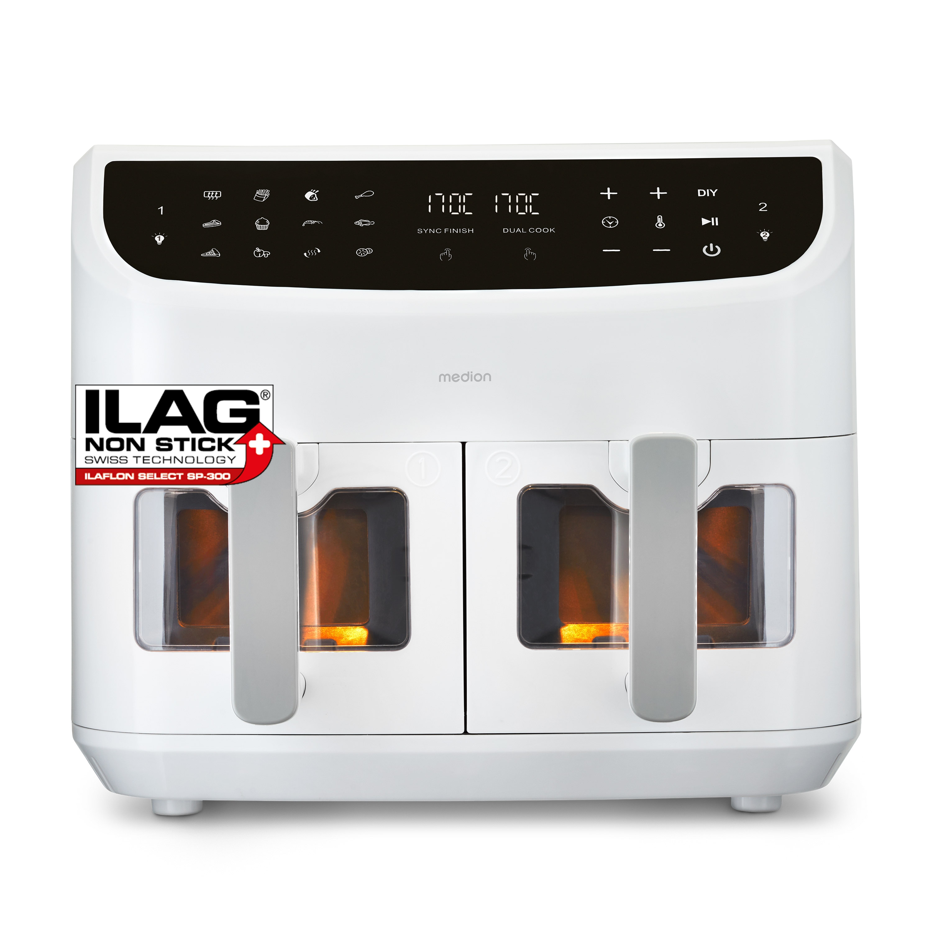 MEDION® LIFE® P20 XXL Twin Doppelzonen-Heißluftfritteuse MD 11760, 100 Rezepte in der Life+ App, 2 separate Garzonen, 9 Automatikprogramme, 8,7 L Gesamt-Nutzinhalt, 2.600 Watt, Temperatur einstellbar bis 200 °C