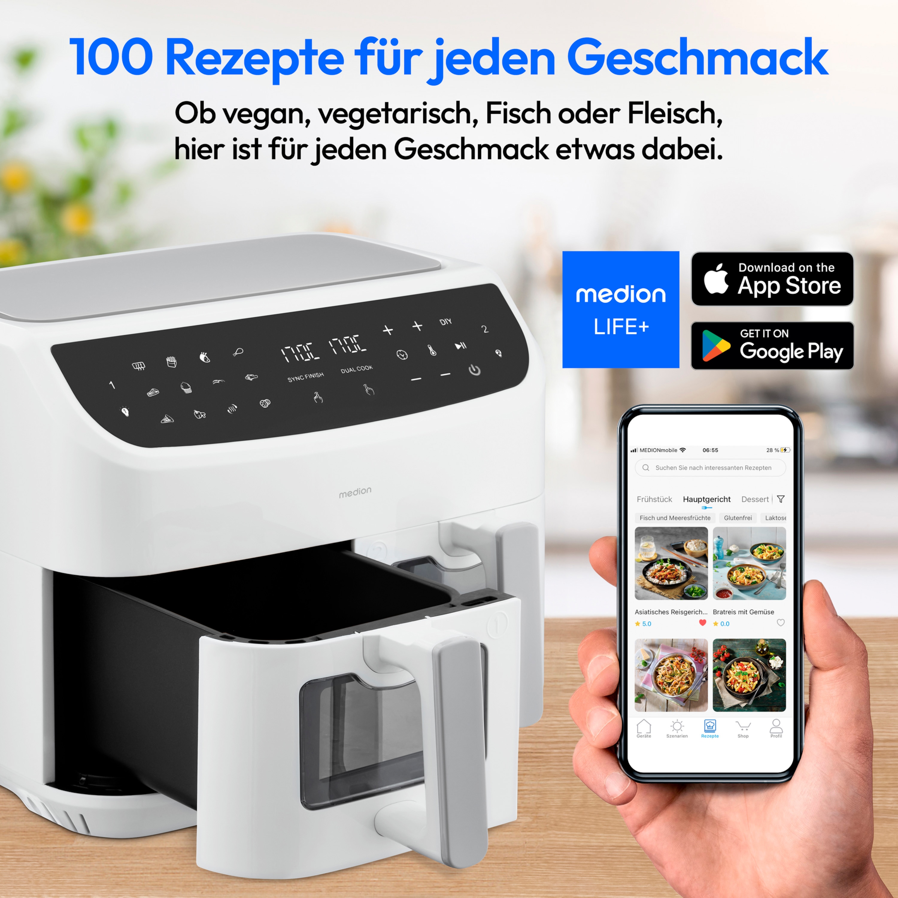 MEDION® LIFE® P20 XXL Twin Doppelzonen-Heißluftfritteuse MD 11760, 100 Rezepte in der Life+ App, 2 separate Garzonen, 9 Automatikprogramme, 8,7 L Gesamt-Nutzinhalt, 2.600 Watt, Temperatur einstellbar bis 200 °C