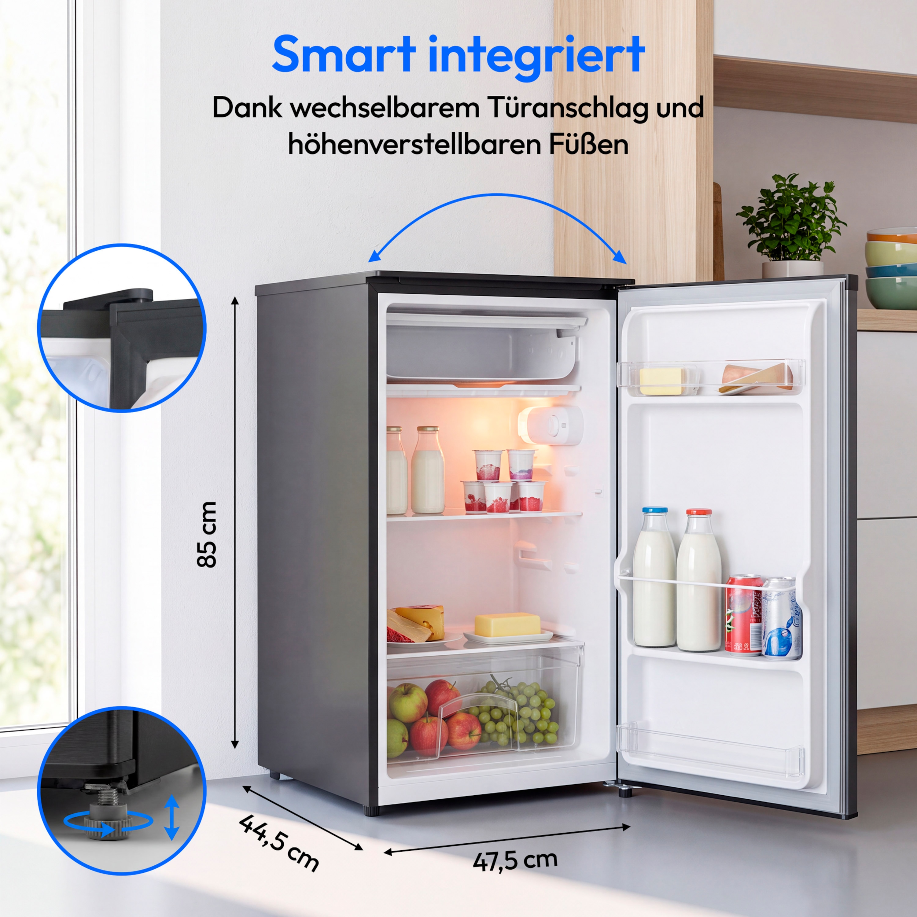 MEDION® LIFE Kühlschrank mit Eiswürfelfach MD 370033 Anthrazit, 90 L Gesamt-Nutzinhalt (Kühlteil 80 L & Eiswürfelfach 10 L), wechselbarer Türanschlag, geringer Geräuschpegel