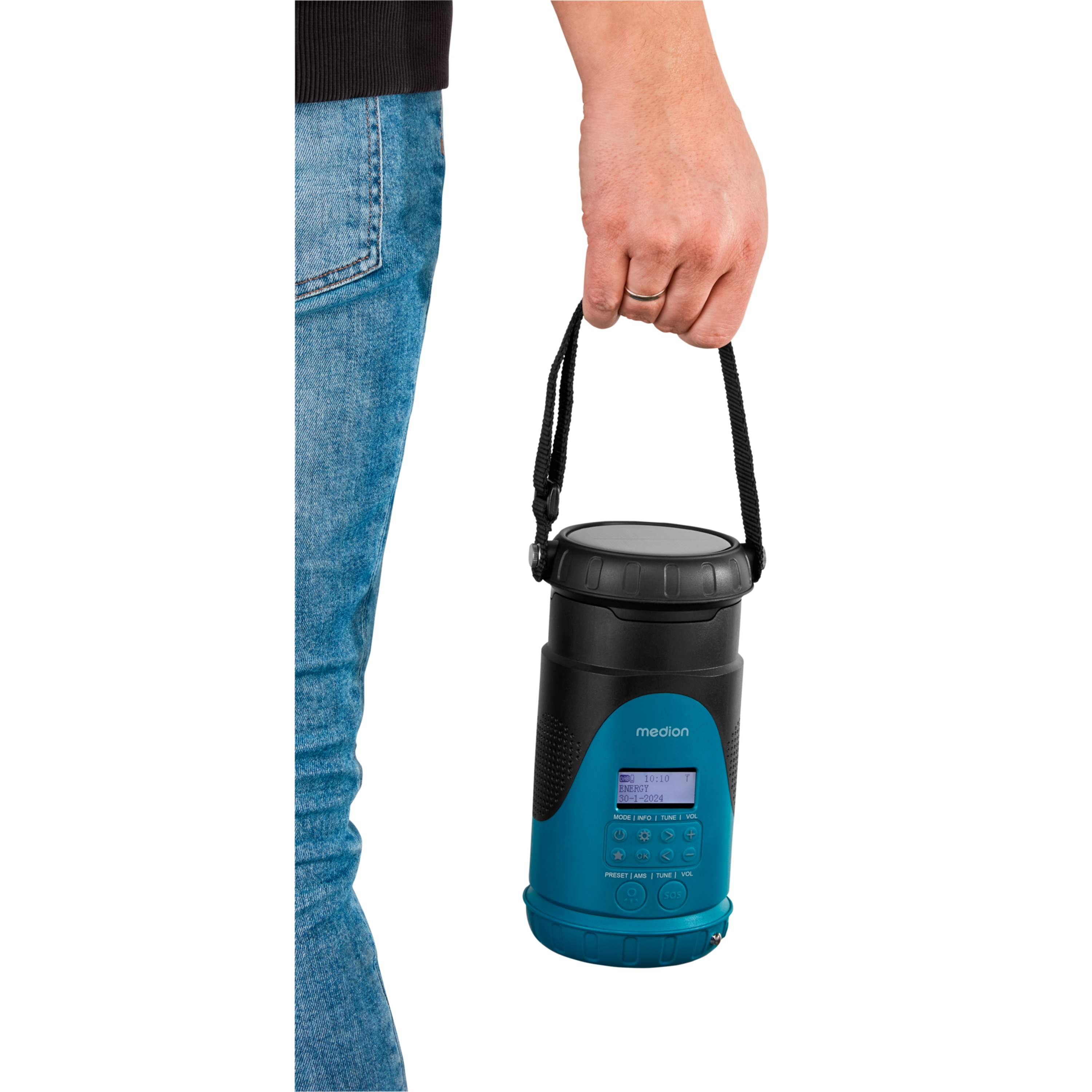 MEDION® LIFE® E66810 Tragbares Laternen-Radio, DAB+/UKW Radio, Bluetooth® 5.2, Strahlwasserschutz (IP25), LCD-Display, robustes Gehäuse, 2 x 3 W RMS