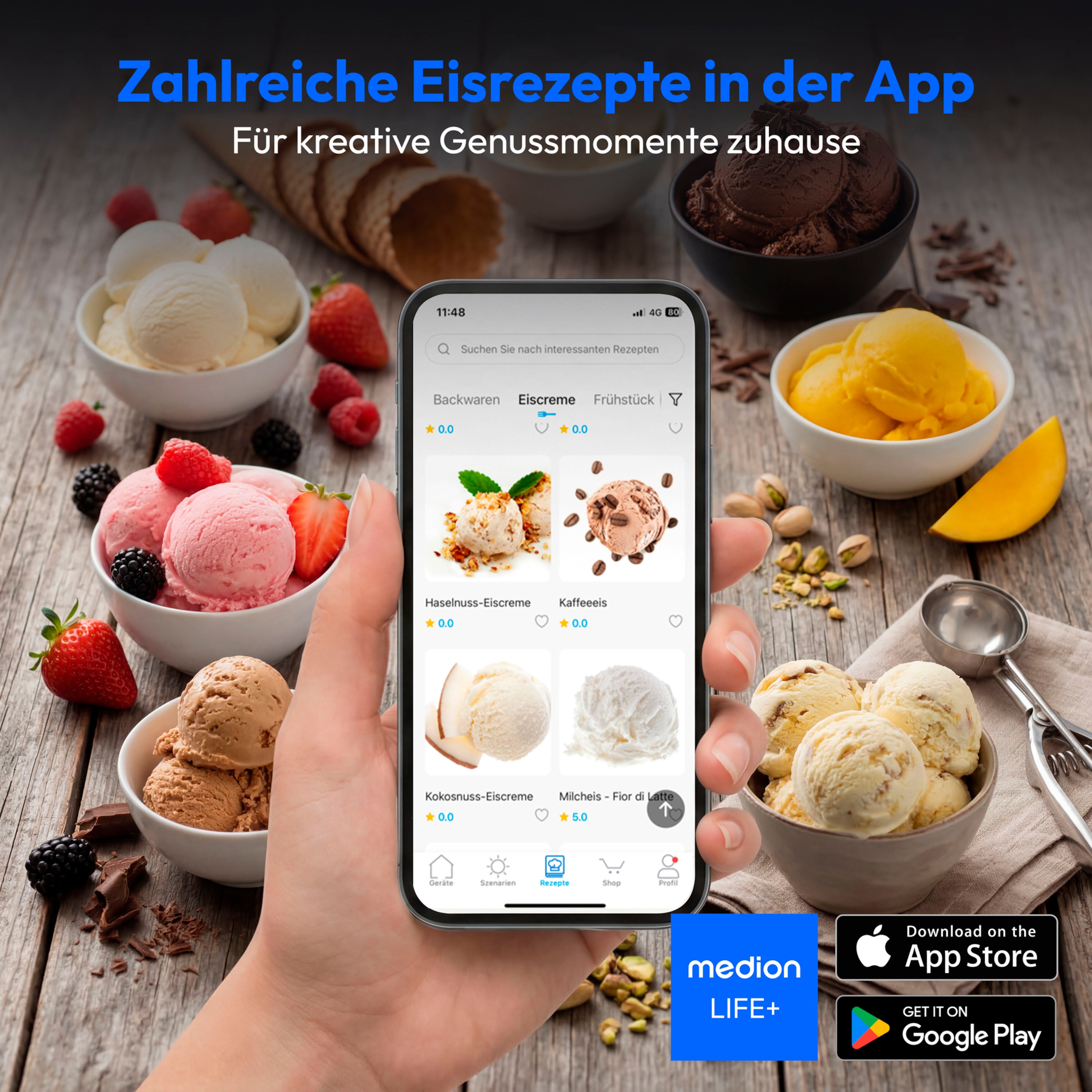 MEDION® LIFE Eismaschine MD 100116, Kapazität für 1 L Eis, kein Vorkühlen notwendig, LED-Display mit Sensor-Touch, entnehmbarer Aluminium-Eisbehälter, geeignet für die Zubereitung von Eiscreme, Joghurt & Sorbet