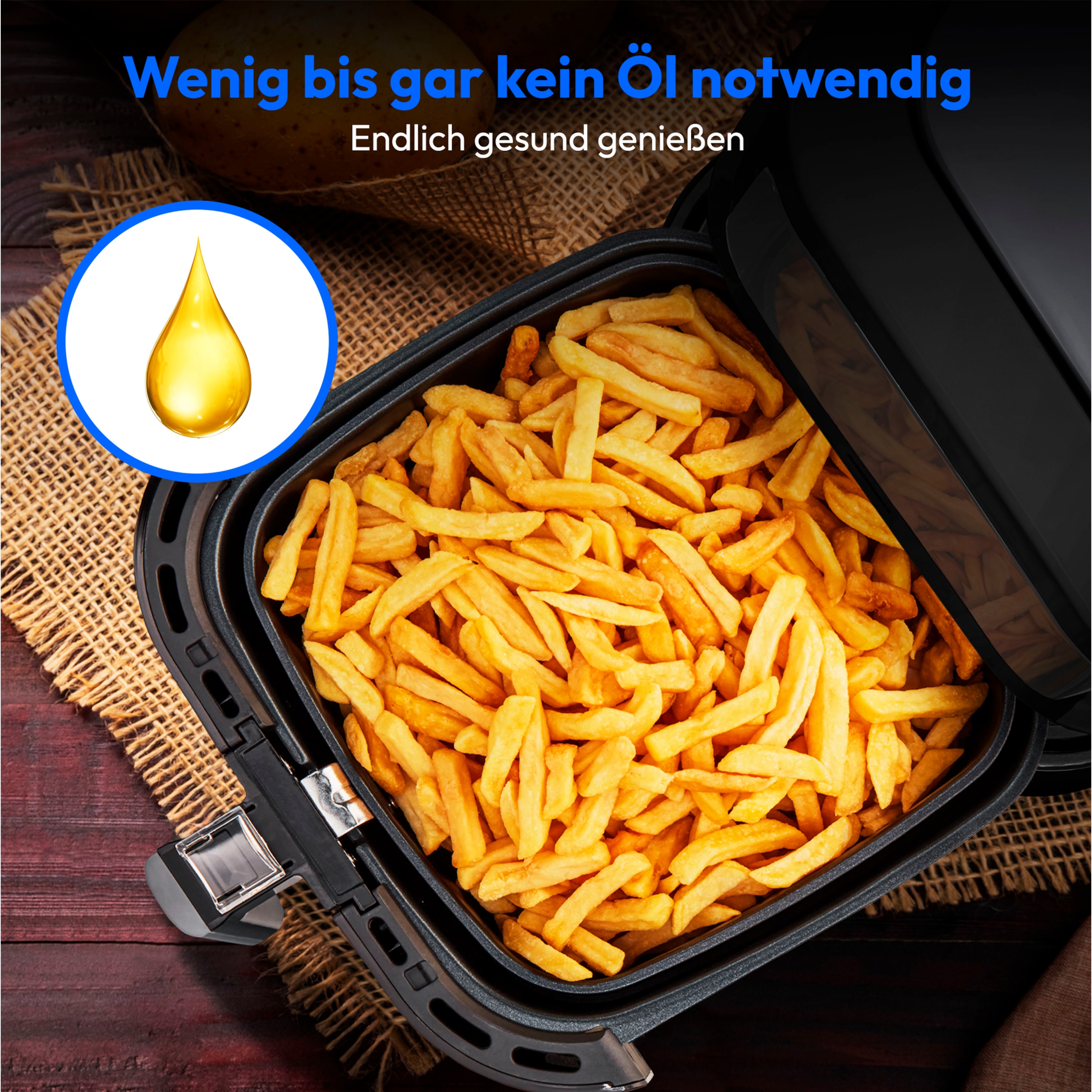 MEDION® LIFE® E40 XL Heißluftfritteuse MD 11740, 100 Rezepte in der Life+ App, ölfreies Frittieren, 9 Automatikprogramme, 5,2 L Korbvolumen