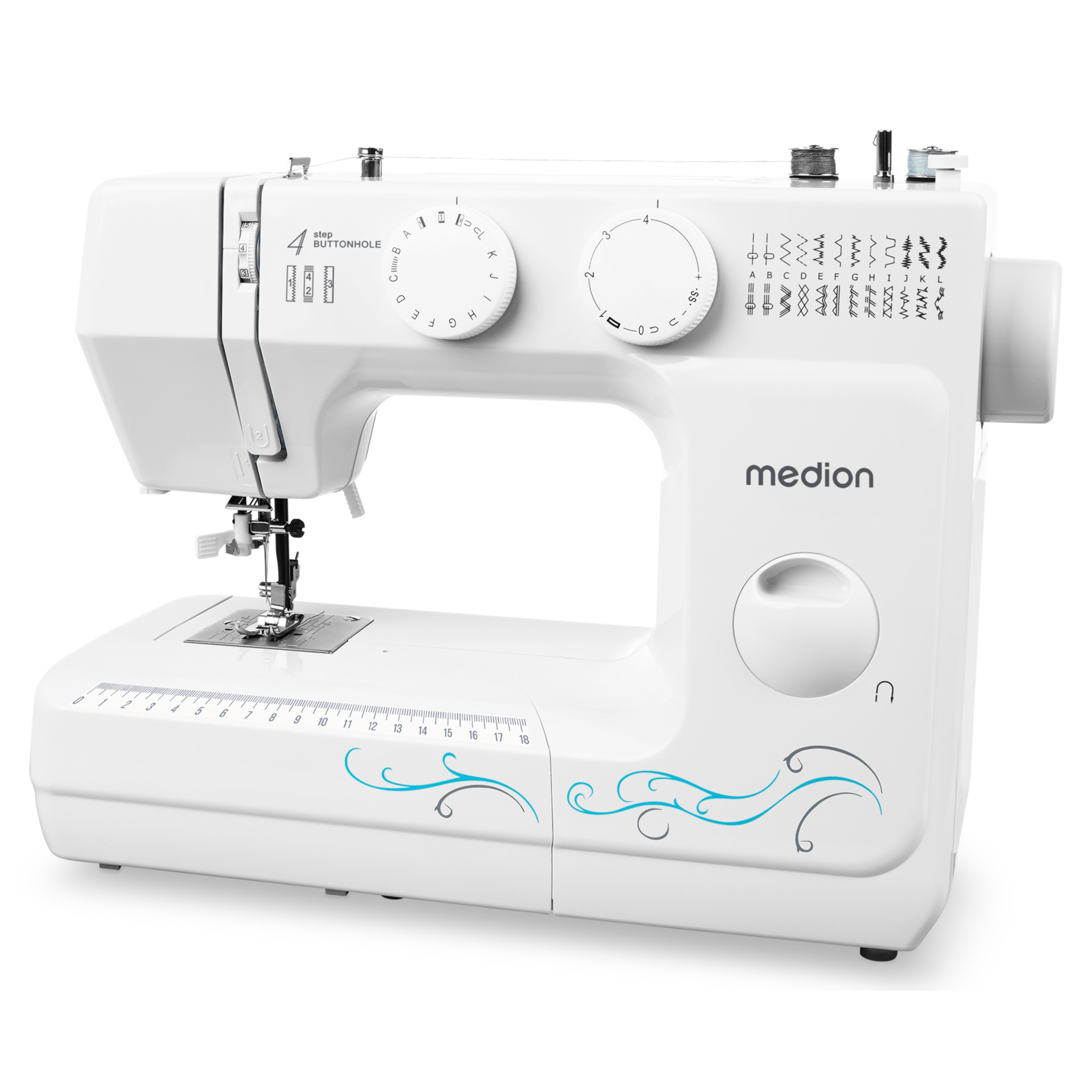 MEDION® Freiarm-Nähmaschine MD 18205, 60 verschiedene Stichmuster, Knopfloch- und Einfädelautomatik, LED-Nählicht, umfangreiches Zubehör