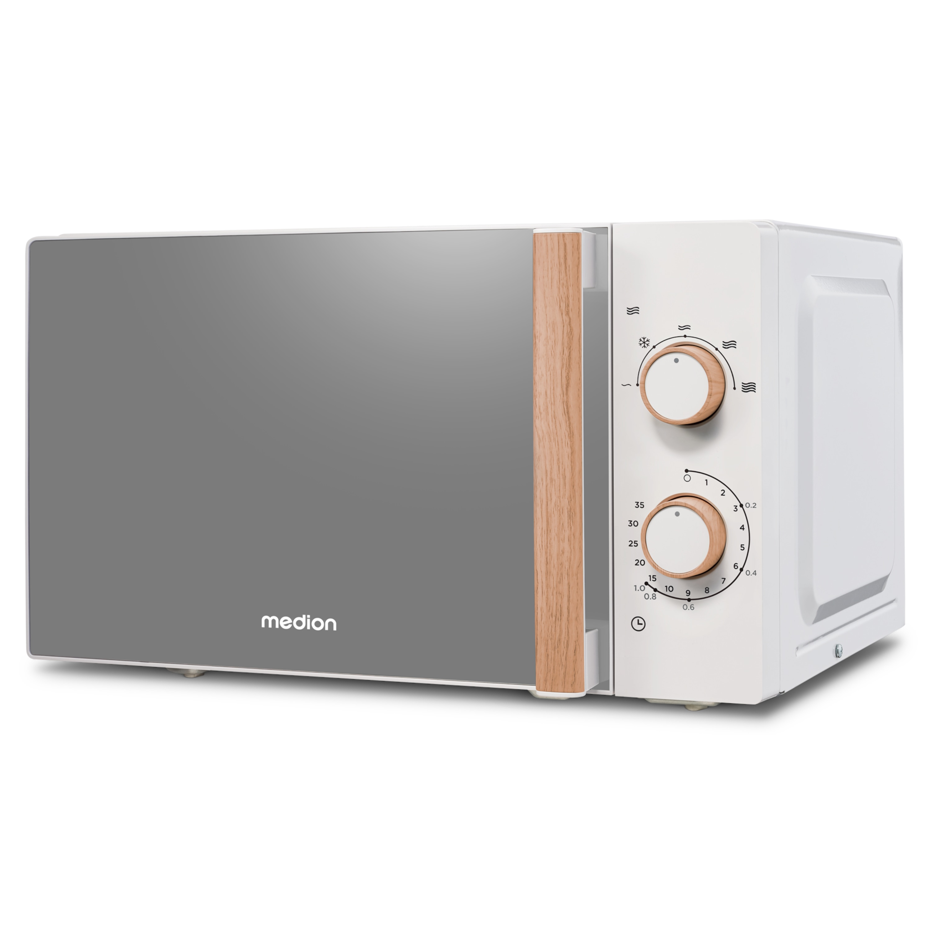MEDION® LIFE® Mikrowelle MD 10596, Holzoptik, Garinnenraum 20 Liter, 700 W, Verspiegelte Tür, 5 Mikrowellen-Leistungsstufen