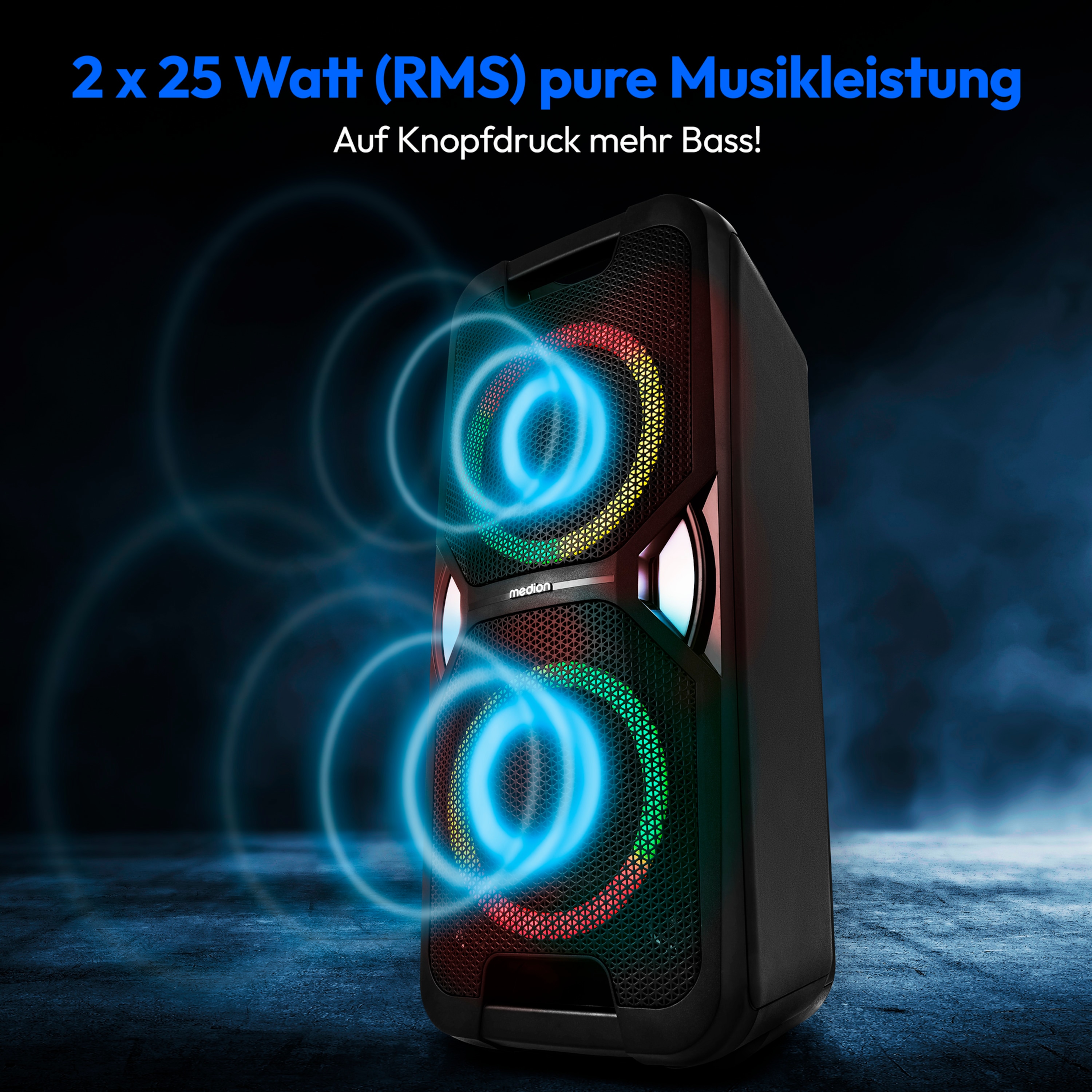 MEDION® LIFE® PE-1 Pure Partylautsprecher, PLL-UKW Radio, Bluetooth® 5.4, satter Sound, verschiedene Lichteffekte, X-Bass Bassanhebung, inkl. Mikrofon, 2 x 25 W RMS Ausgangsleistung