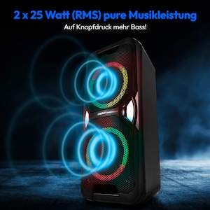 MEDION® LIFE PE-1 Pure Partylautsprecher, PLL-UKW Radio, Bluetooth® 5.4, satter Sound, verschiedene Lichteffekte, X-Bass Bassanhebung, inkl. Mikrofon, 2 x 25 W RMS Ausgangsleistung