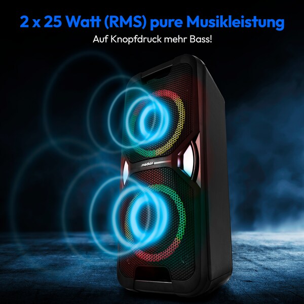 MEDION® LIFE PE-1 Pure Partylautsprecher, PLL-UKW Radio, Bluetooth® 5.4, satter Sound, verschiedene Lichteffekte, X-Bass Bassanhebung, inkl. Mikrofon, 2 x 25 W RMS Ausgangsleistung
