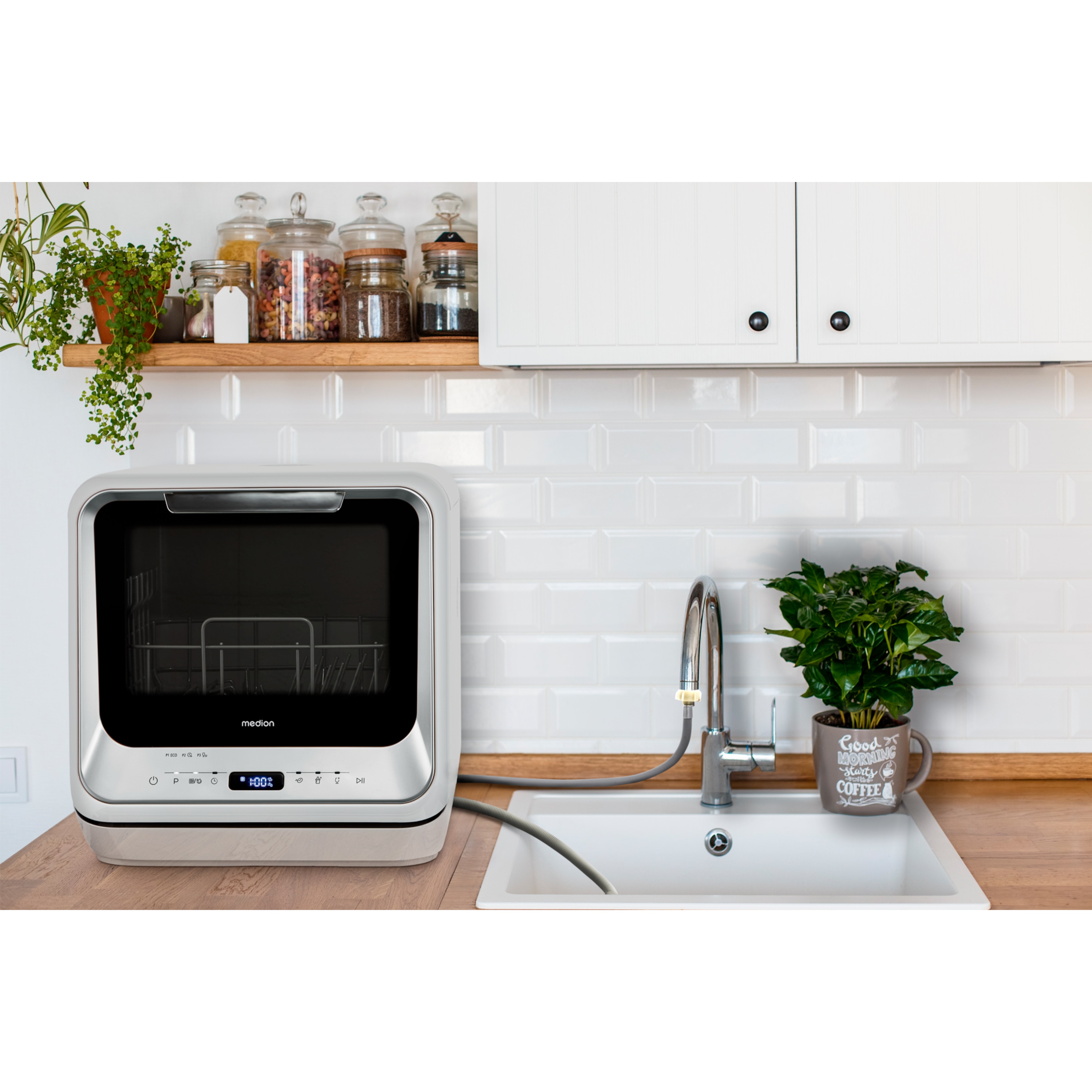 MEDION® LIFE® Mini-Geschirrspüler DWT20 (MD37763), für 2 Gedecke, 6 Reinigungsprogramme, Startzeitvorwahl