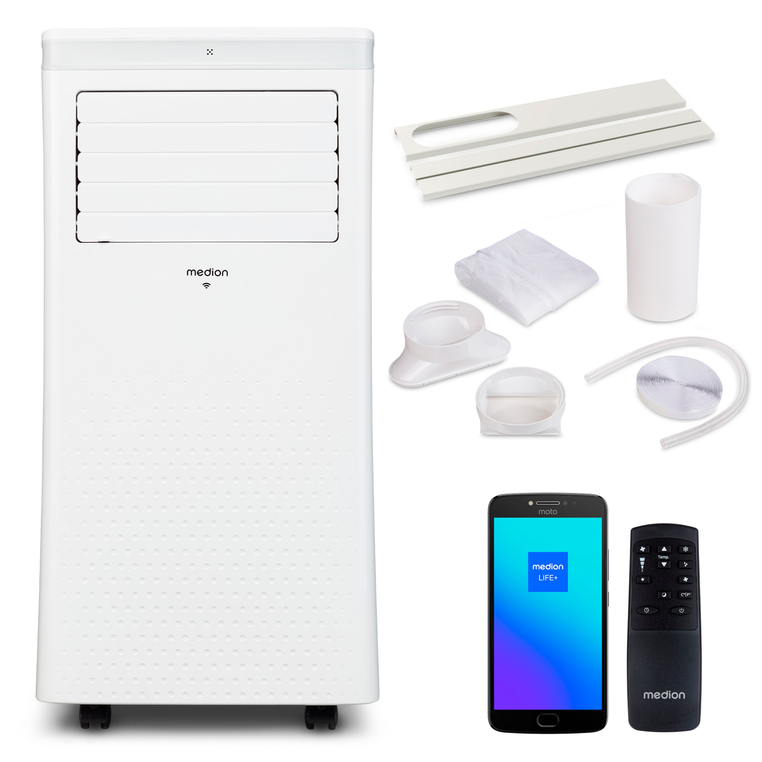 MEDION® LIFE® P1002 Klimaanlage (MD 37733), Kühlen, Entfeuchten und Ventilieren, Kühlleistung 10.000 BTU, Kühlmittel R290, max. 34m², App- und Sprachsteuerung, Inkl. Fenster-Kit