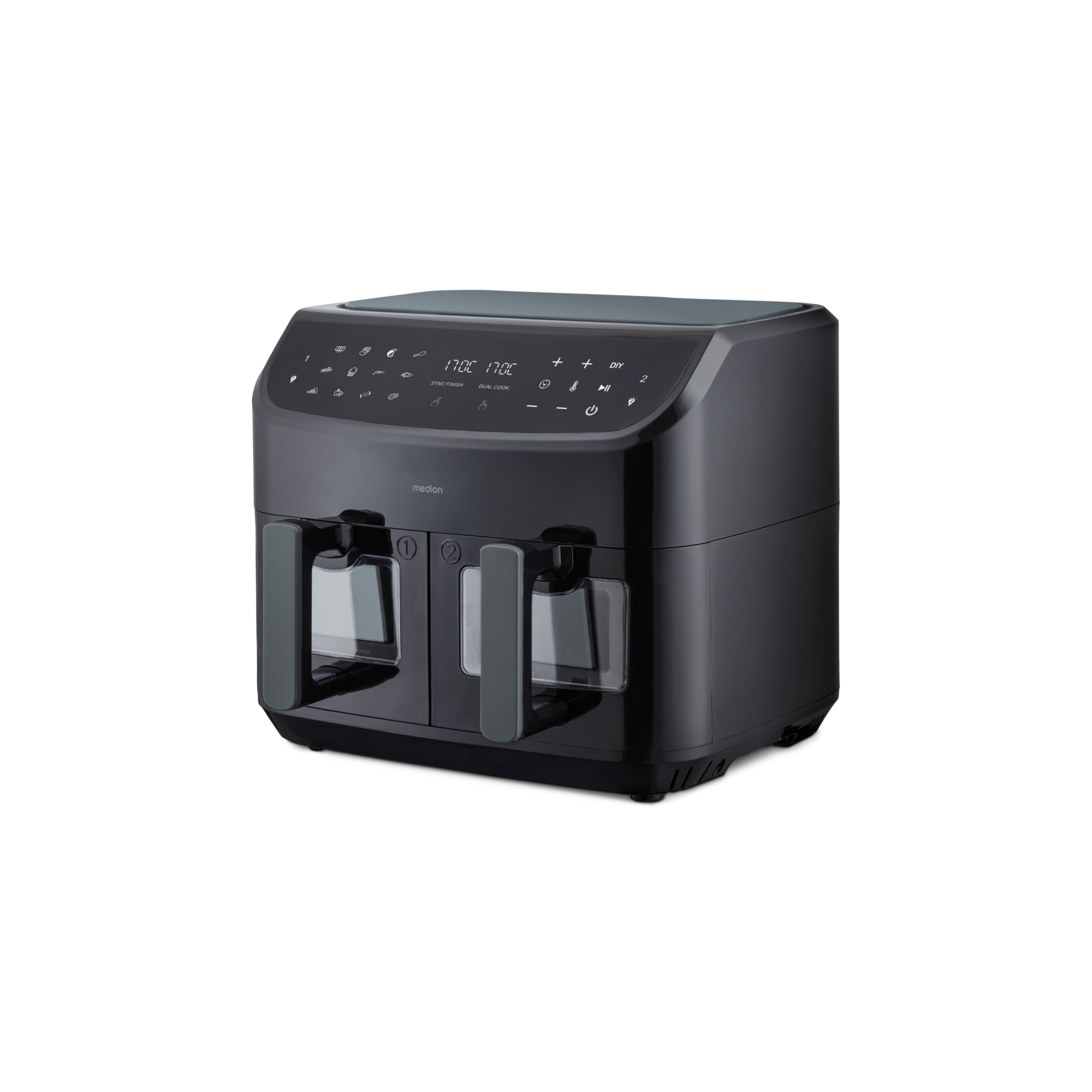 MEDION® LIFE® P20 XXL Twin Doppelzonen-Heißluftfritteuse MD 11760, 100 Rezepte in der Life+ App, 2 separate Garzonen, 9 Automatikprogramme, 8,7 L Gesamt-Nutzinhalt, 2.600 Watt, Temperatur einstellbar bis 200 °C