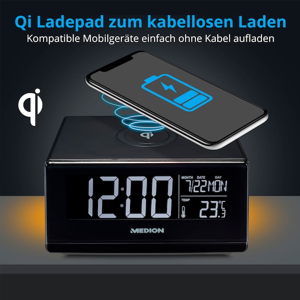 MEDION® LIFE® E75009 Wekker met QI oplader | Temperatuurweergave | 2 | LC-display | Touchbediening | Nachtlicht | MEDION.NL