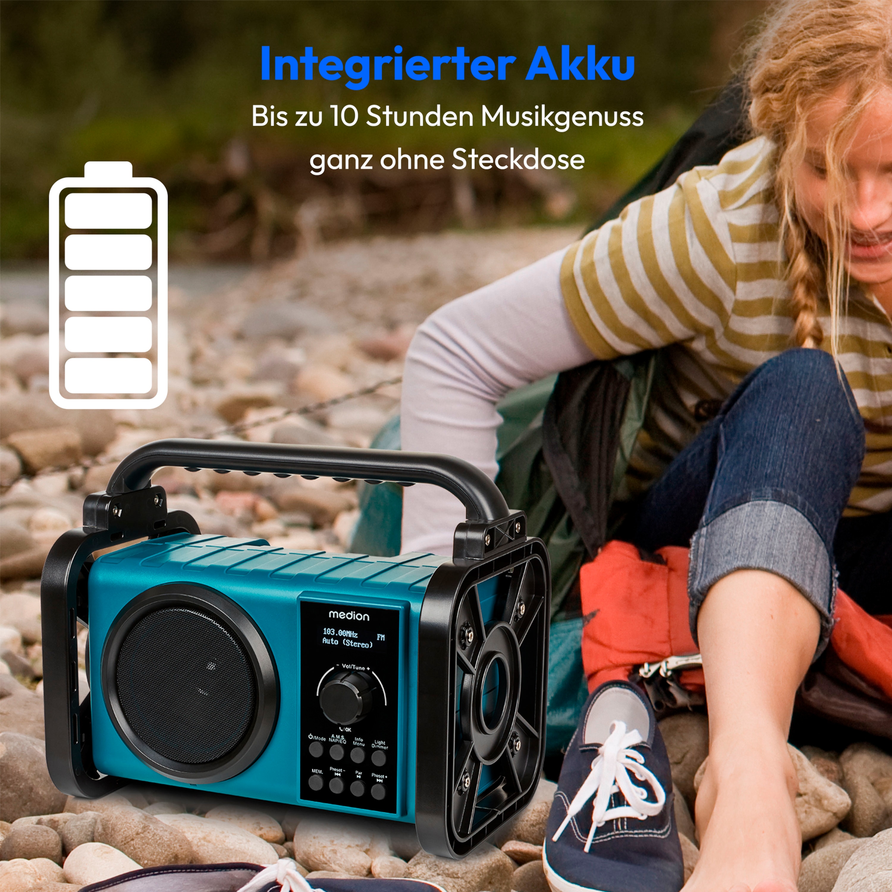MEDION® LIFE® E66877 Baustellenradio, DAB+/PLL-UKW Radio, Dot Matrix LC-Display, Bluetooth® 5.0, spritzwassergeschützt (IP44), robustes Gehäuse, LED-Arbeitslicht, integrierter Akku, 5 W RMS