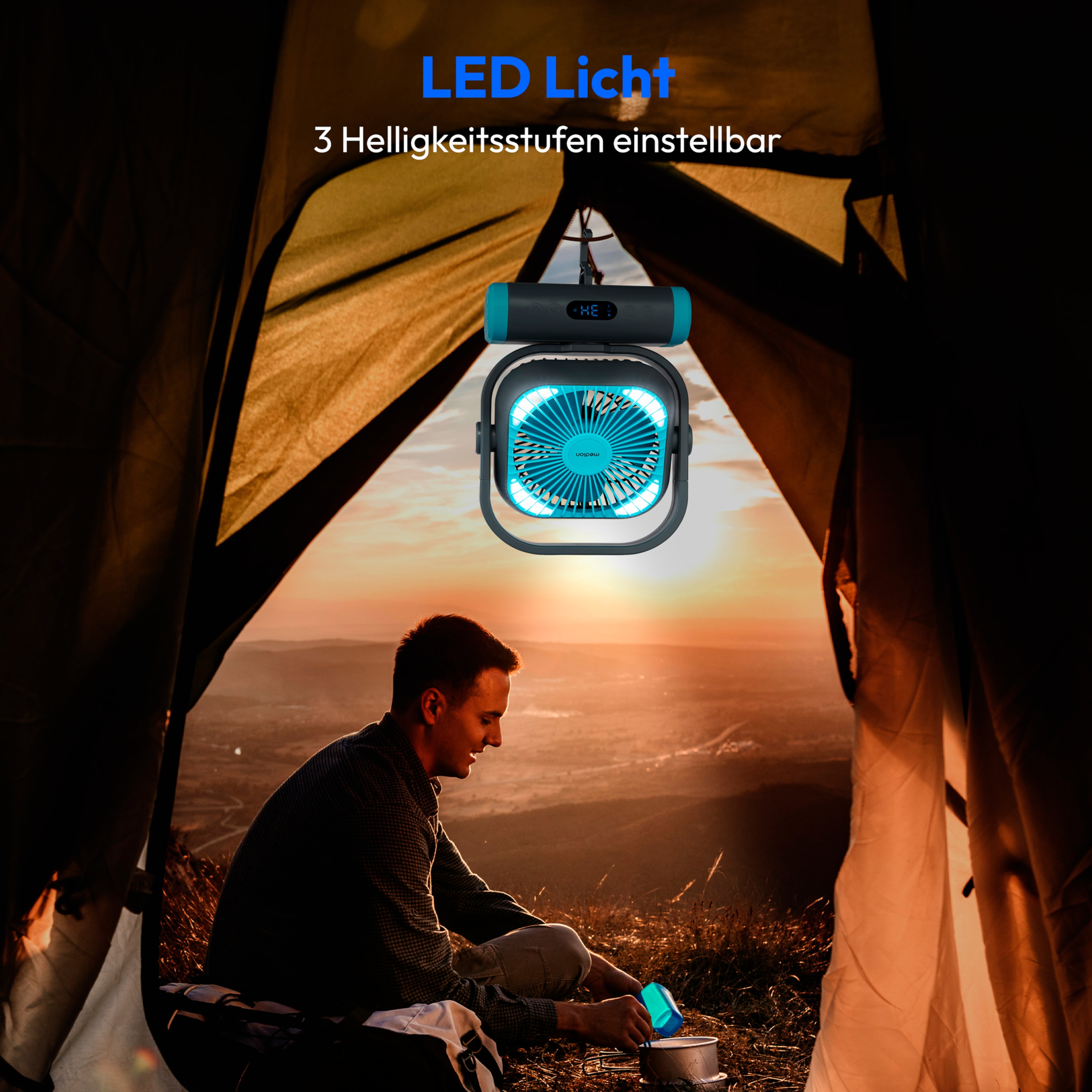 MEDION® LIFE Camping Ventilator E10 TF, 20 W Leistung, 5 Geschwindigkeitsstufen, 110° Oszillation, 10.000 mAh Akku, als Powerbank nutzbar, LED