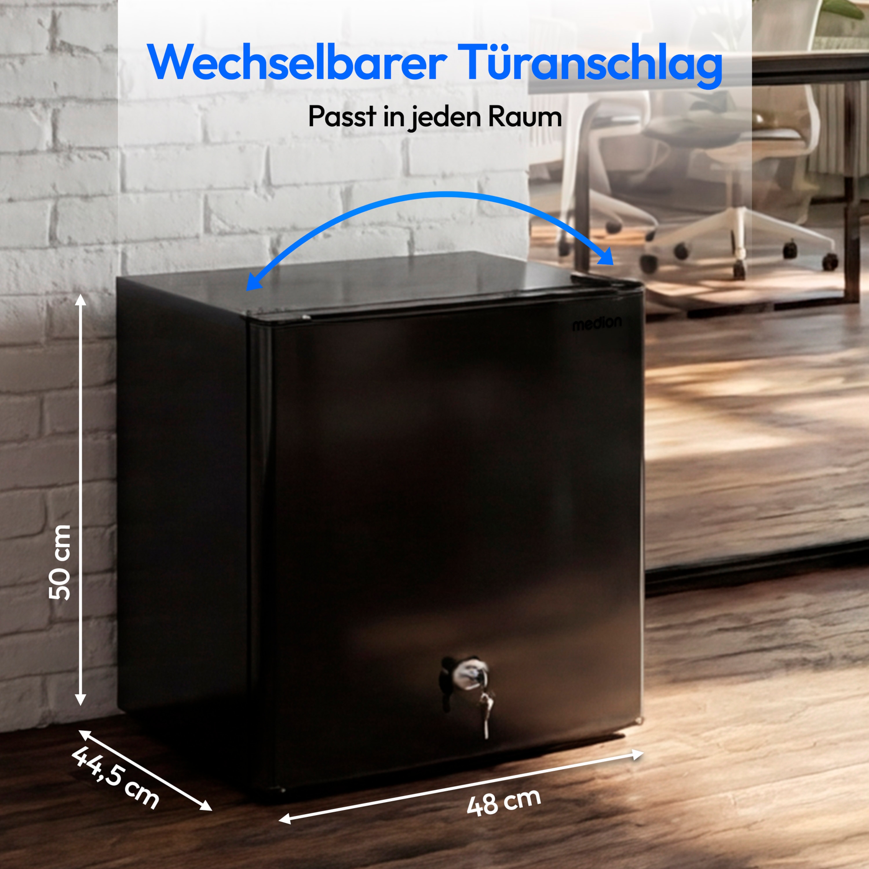 MEDION® LIFE Mini-Kühlschrank mit Eisfach und Schloss MD370001, 42 L Gesamtnutzinhalt (Kühlteil 37 L & Eisfach 5 L), wechselbarer Türanschlag, Schloss, geringer Geräuschpegel