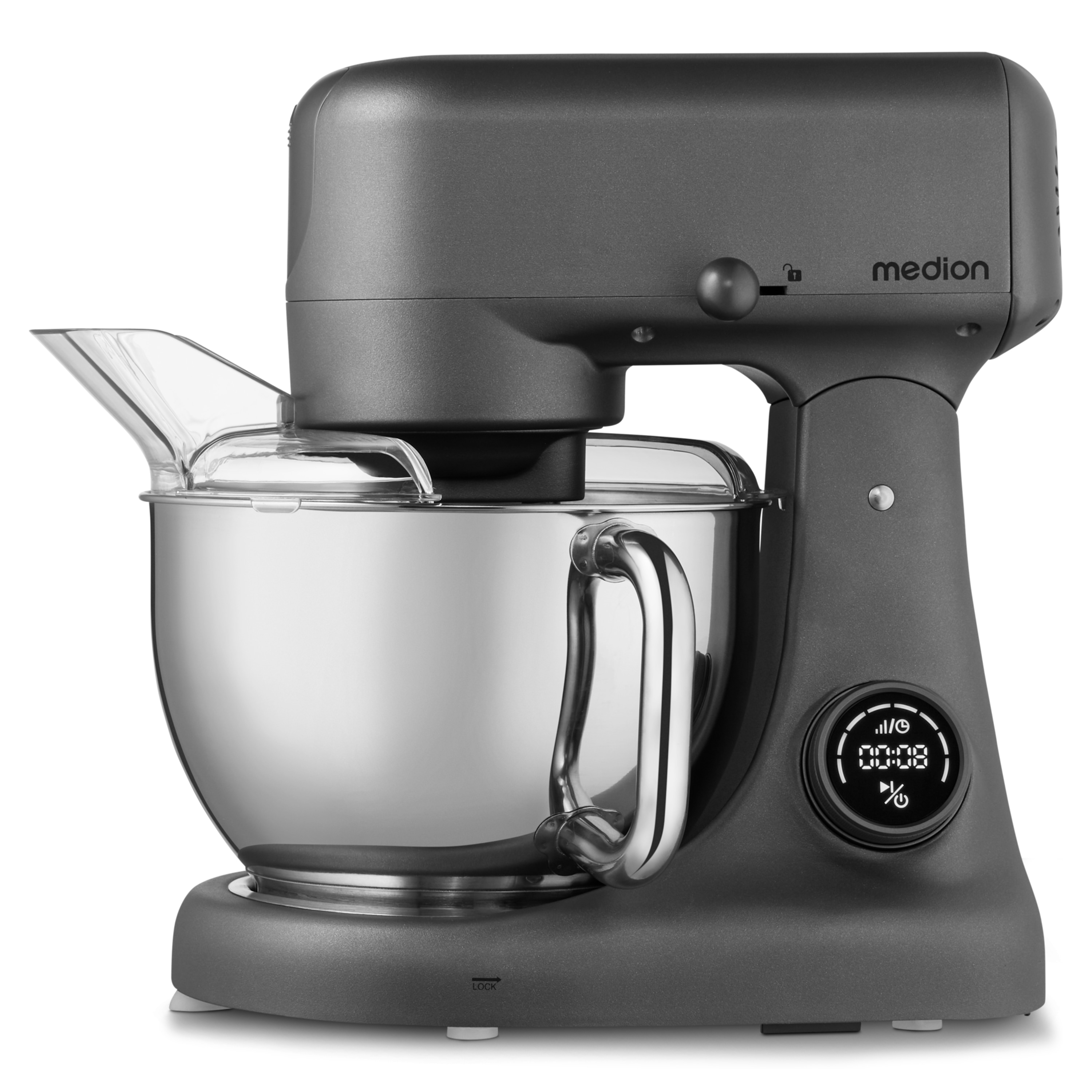 MEDION® LIFE Digitale Küchenmaschine MD12600, 800 W Gleichstrommotor, Energiesparend, Ultraleise, Digitales Sensor-Touch-Display, 4,6 L Edelstahlschüssel, Inkl. Fleischwolf