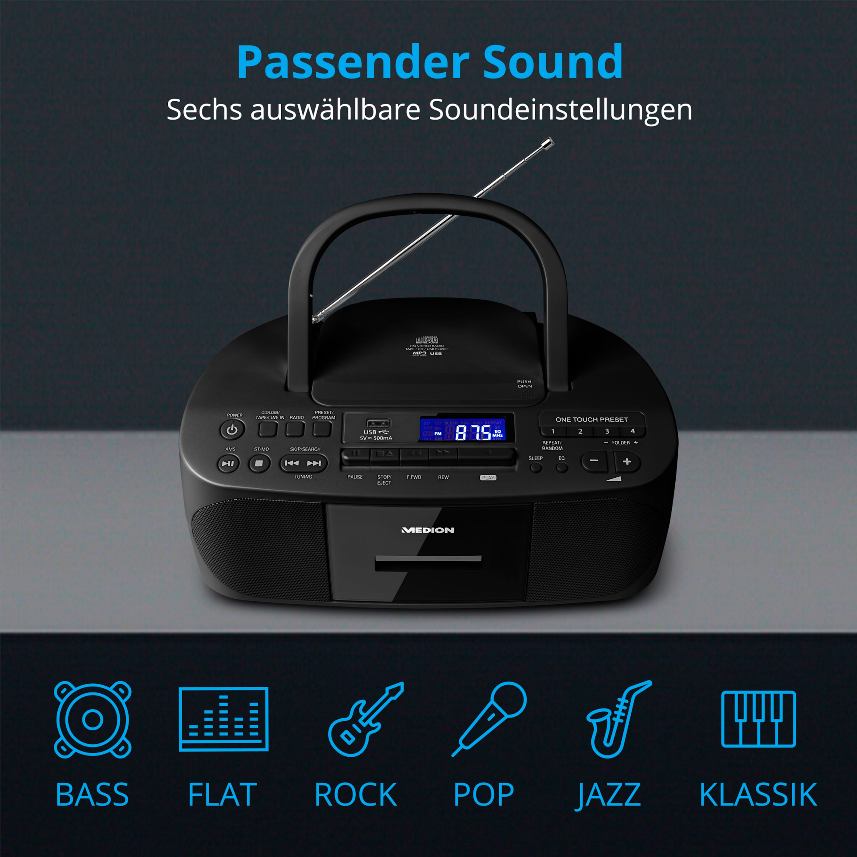 MEDION® LIFE® E64070 Stereo-Sound-System, USB Anschluss, LC-Display, CD-R/CD-RW kompatibel, 6 Soundvoreinstellungen, 40 Senderspeicher