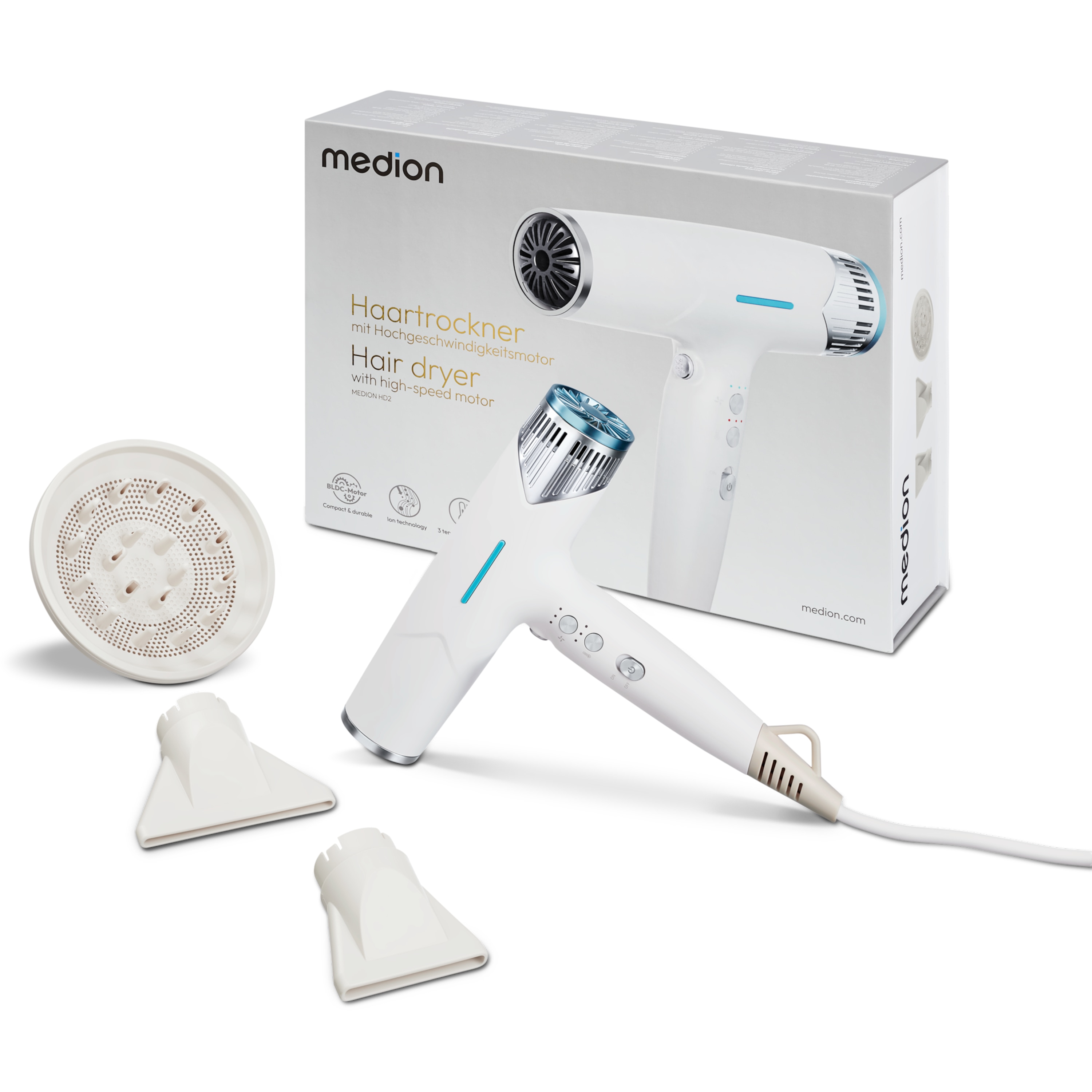 MEDION® LIFE HD2 Haartrockner mit Ionen-Technologie, 1.500 Watt, Selbstreinigungsfunktion, Vielseitige Aufsätze: Stylingdüsen und Diffusor, 3 Temperatur- und 3 Luftstromstufen