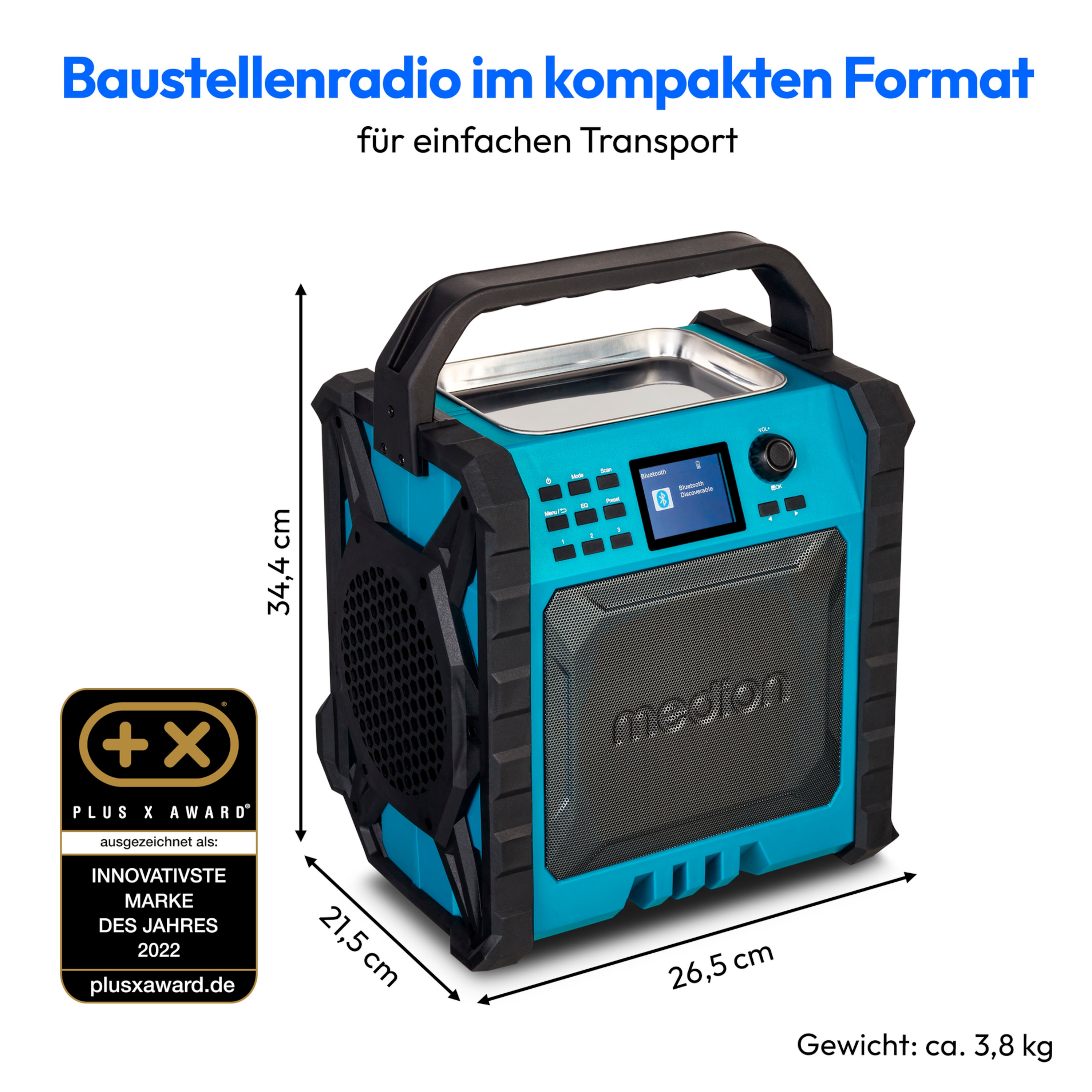 MEDION® LIFE® P66896 Premium Baustellenradio, 6,1 cm (2,4'') Farbdisplay, Bluetooth® 5.3, DAB+/UKW Radio, integr. Akku für bis zu 10 Stunden Laufzeit, zwei Passivradiatoren, 30 W RMS