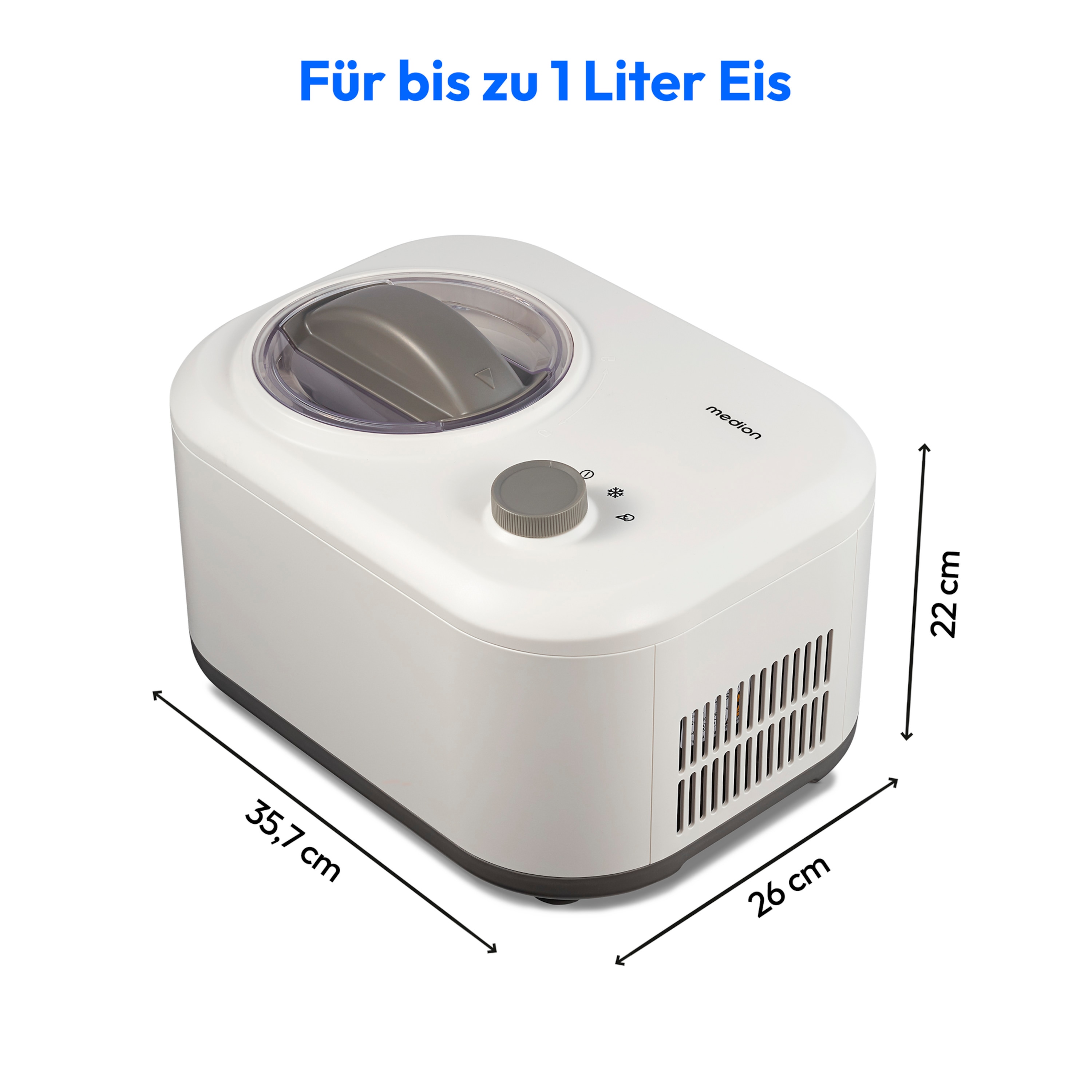 MEDION® LIFE® Eismaschine MD 10169, Kapazität für 1 L Eis, kein Vorkühlen notwendig, entnehmbarer Aluminium-Eisbehälter, geeignet für die Zubereitung von Eiscreme, Frozen Yoghurt & Sorbet