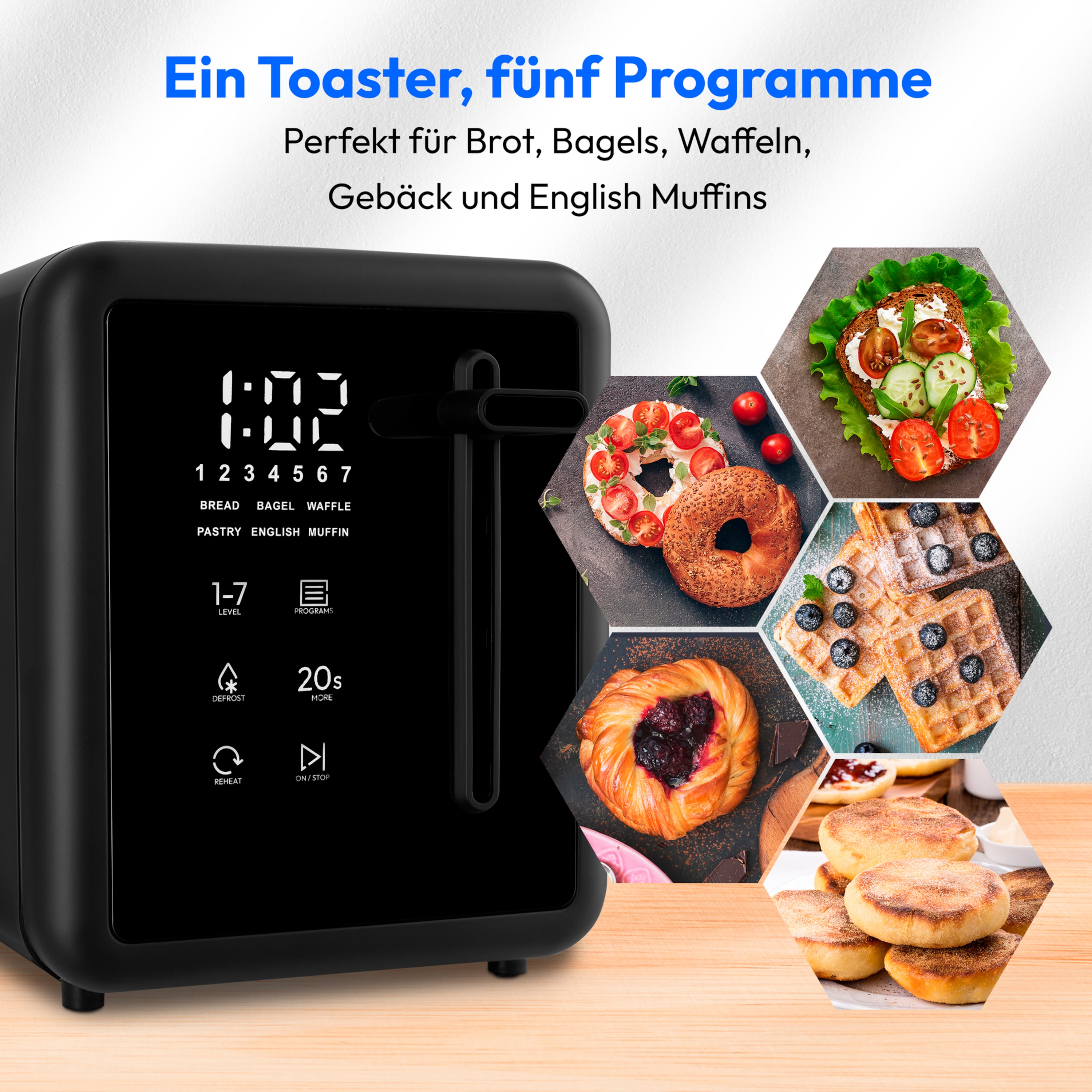 MEDION® MEDION LIFE Toaster MD12102, 2 Toastschlitze für zwei Toastscheiben, LED Sensor-Touch-Display für präzise Steuerung, 7 Bräunungsstufen und 5 Automatikprogramme