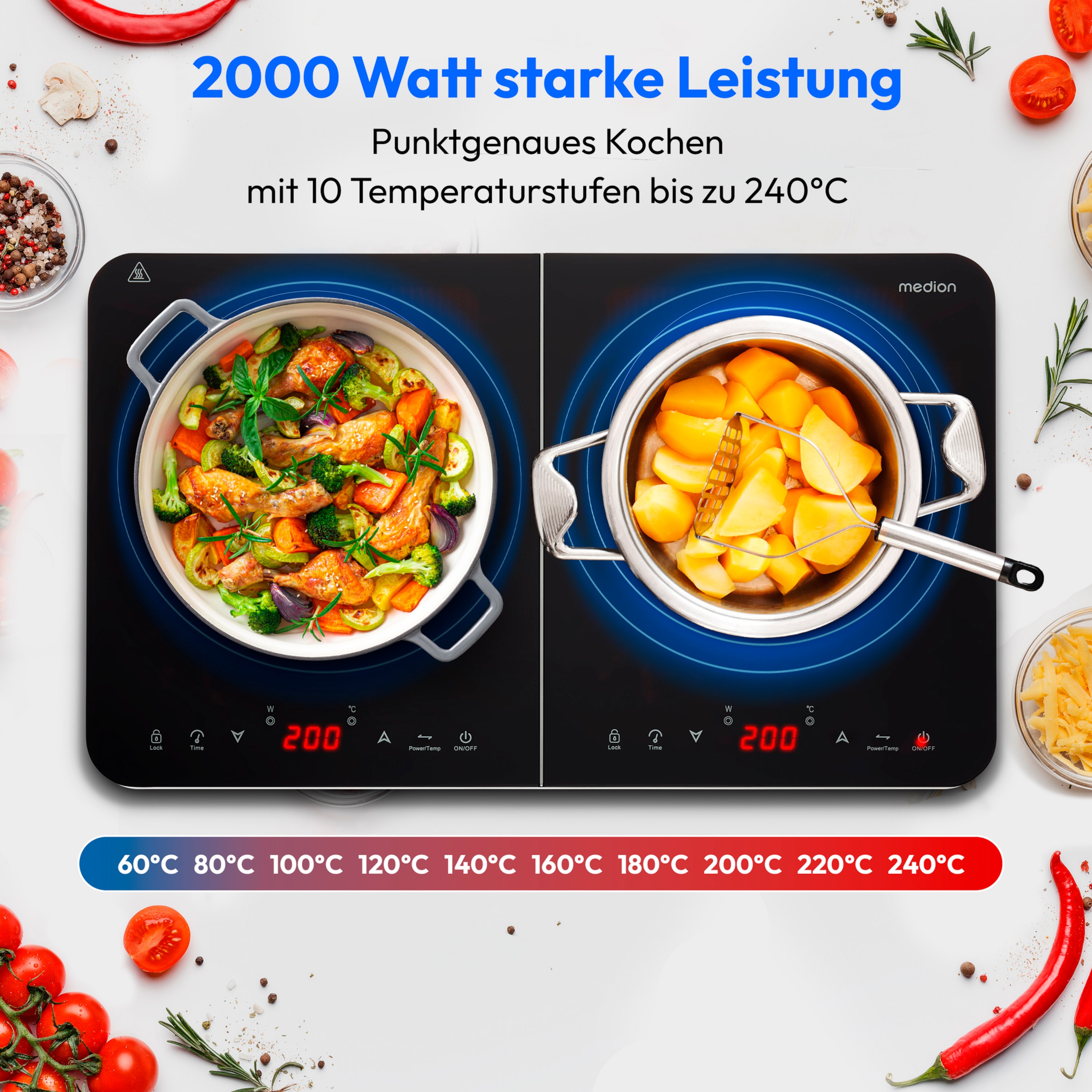 MEDION® LIFE® Doppel-Induktions- kochplatte   MD 18493, 3.500 Watt Induktionsleistung, 10 Temperaturstufen, 180 Min. Timer, Kristallglas-Oberfläche