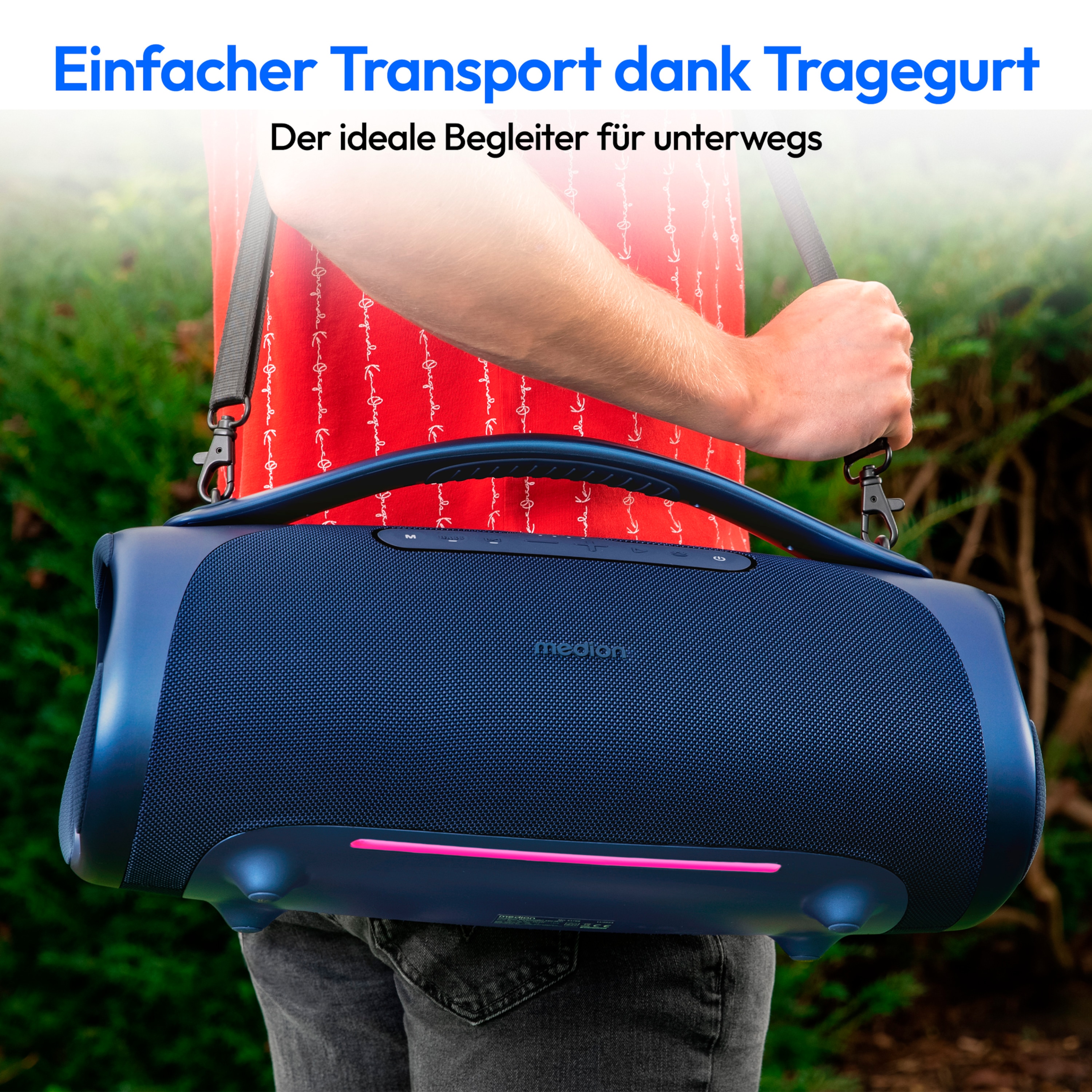 MEDION® LIFE® P61768 Tragbarer Bluetooth® Lautsprecher XL, Dual Illuminated & Lightstrip (RGB-Lichteffekte), Bluetooth® 5.3, integrierter Akku mit bis zu 30 Stunden Laufzeit, robustes & mobiles Design, 2 x 25 W + 50 W RMS