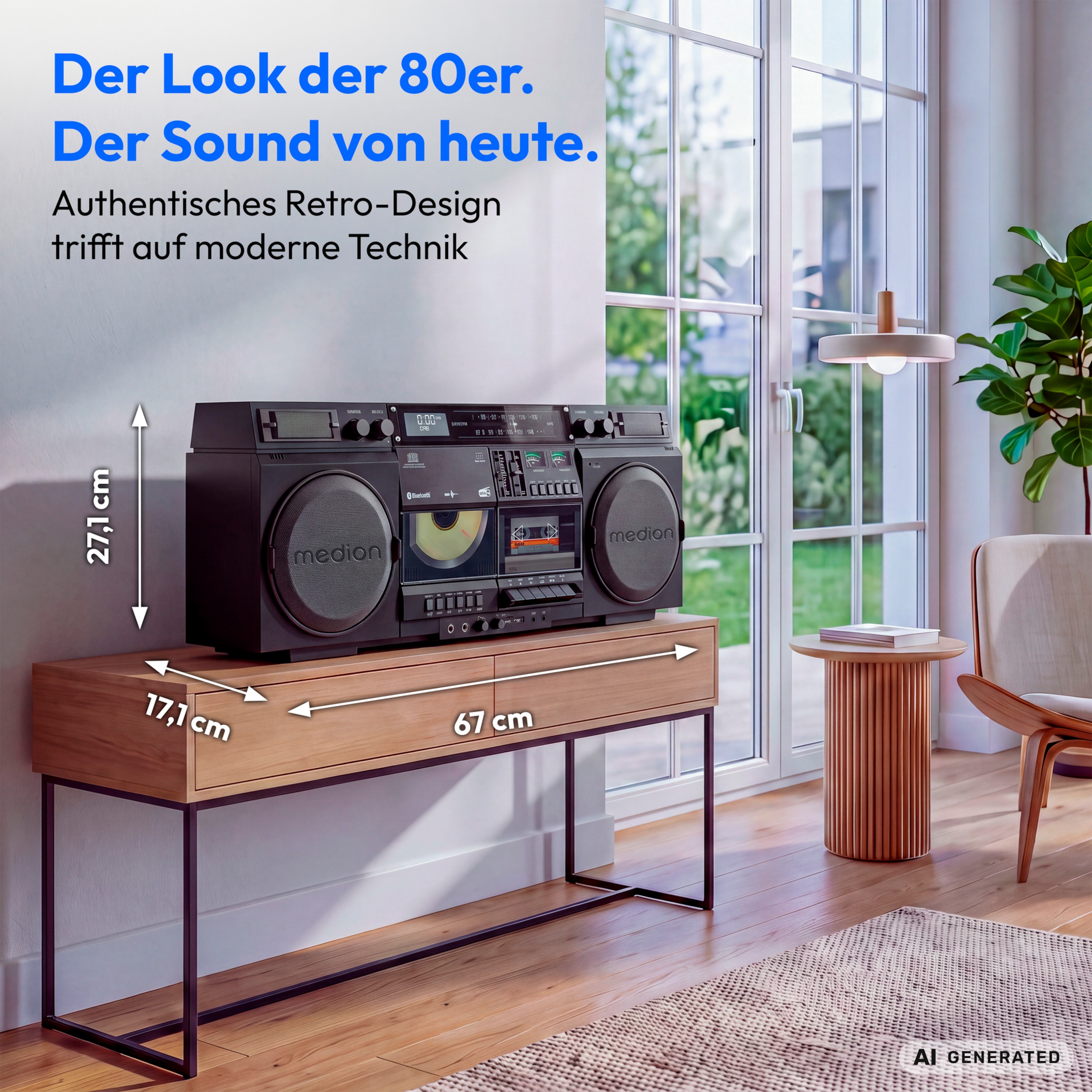 MEDION® LIFE P66538 Retro-Boombox schwarz, DAB+/PLL-UKW Radio, Bluetooth® 5.3 für das Abspielen von Smartphone & Co, CD-Player, Kassettendeck, X-Bass Funktion, 2 x 10 W RMS
