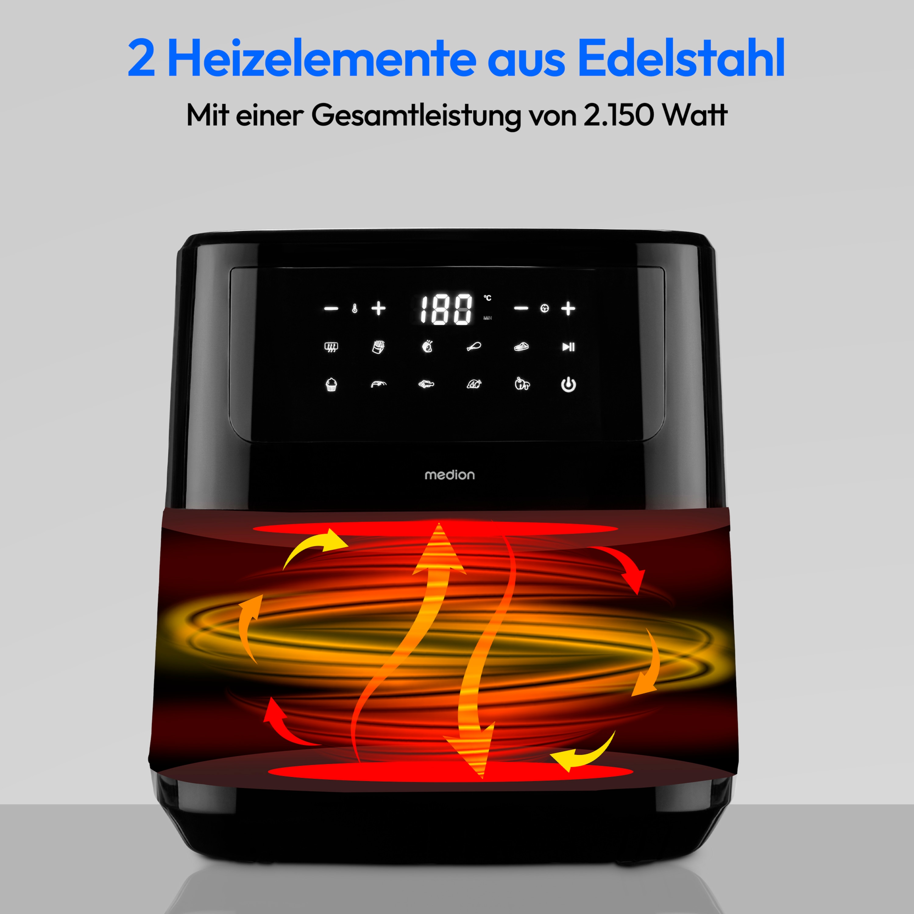 MEDION® LIFE® P10 XL Duo Heißluftfritteuse MD 11750, 100 Rezepte in der Life+ App, mit 2 Heizelementen, 2.150 W Gesamtleistung, ölfreies Frittieren, 9 Automatikprogramme, 6,8 L Nutzinhalt