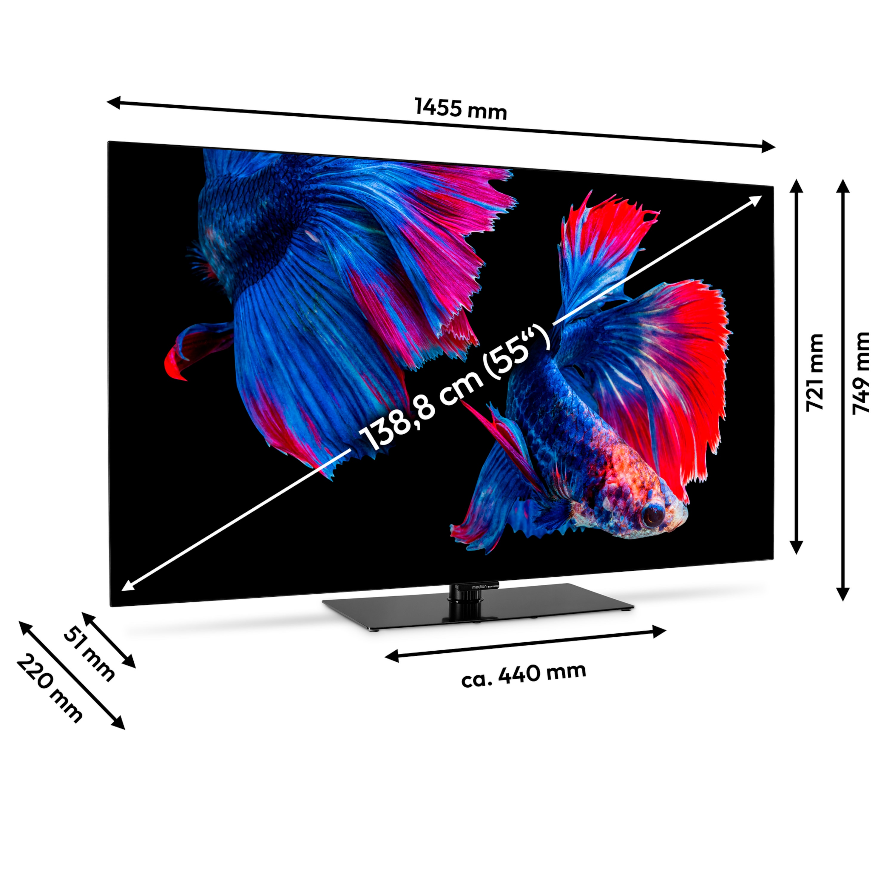 MEDION® LIFE X8552508 (MD 855901) OLED TiVo Smart-TV, 138,8 cm (55'') Ultra HD Display, HDR, Dolby Vision®, MEMC, Micro Dimming, PVR ready, TiVo Medienportal, NETFLIX, Amazon Prime Video App, Bluetooth®
