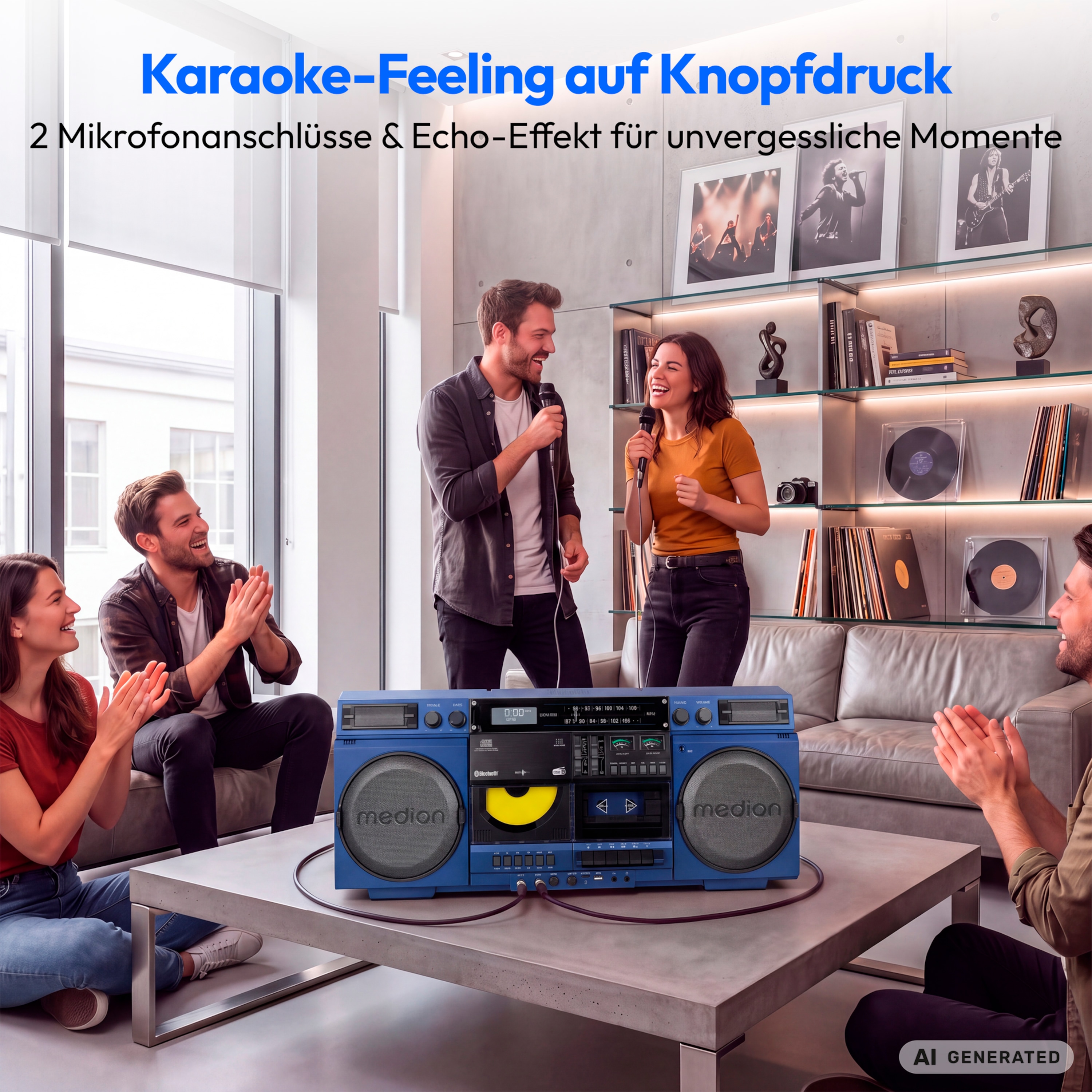 MEDION® LIFE P66538 Retro-Boombox blau, DAB+/PLL-UKW Radio, Bluetooth® 5.3 für das Abspielen von Smartphone & Co, CD-Player, Kassettendeck, X-Bass Funktion, 2 x 10 W RMS