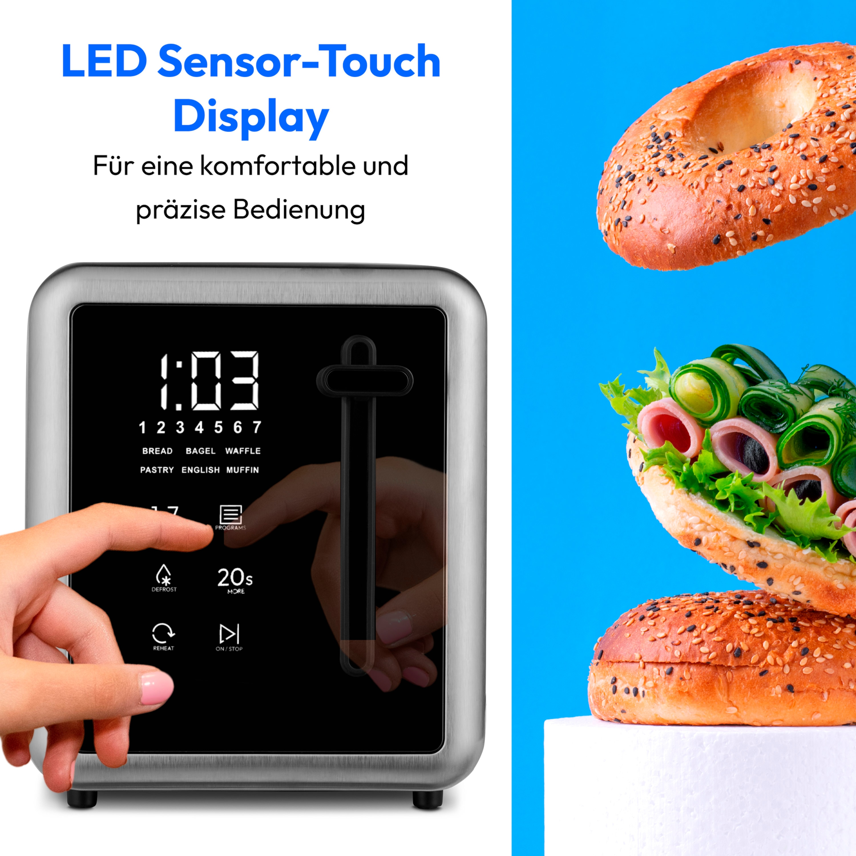 MEDION® MEDION LIFE Toaster MD12103, 2 lange Toastschlitze für bis zu 4 Toasts, LED Sensor-Touch-Display, 7 Bräunungsstufen und 5 Automatikprogramme