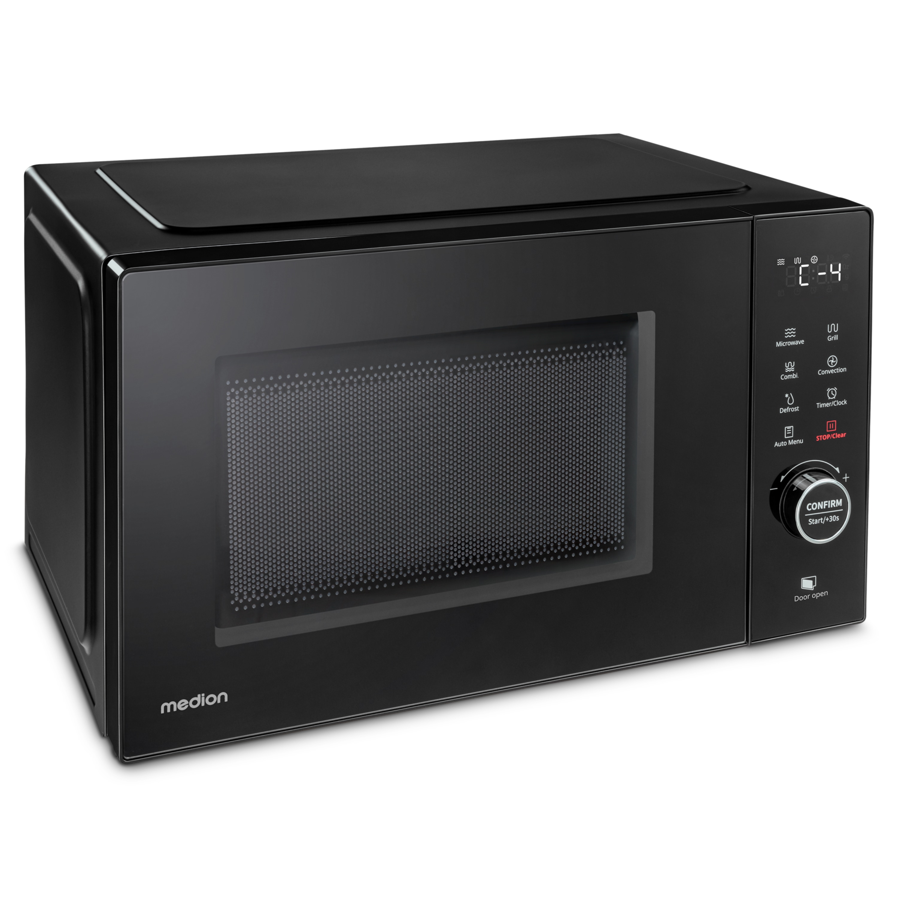 MEDION® LIFE® 3 in 1 Mikrowelle MD12031, 900 Watt Mikrowellenleistung, 1000 Watt Grillleistung, 1680 Watt Heißluftfunktion, Sensor-Touch-Türöffnung, 11 Automatikprogramme, 23 L Kapazität, 5 Leistungsstufen, digitaler 95 min. Timer, Auftaufunktion