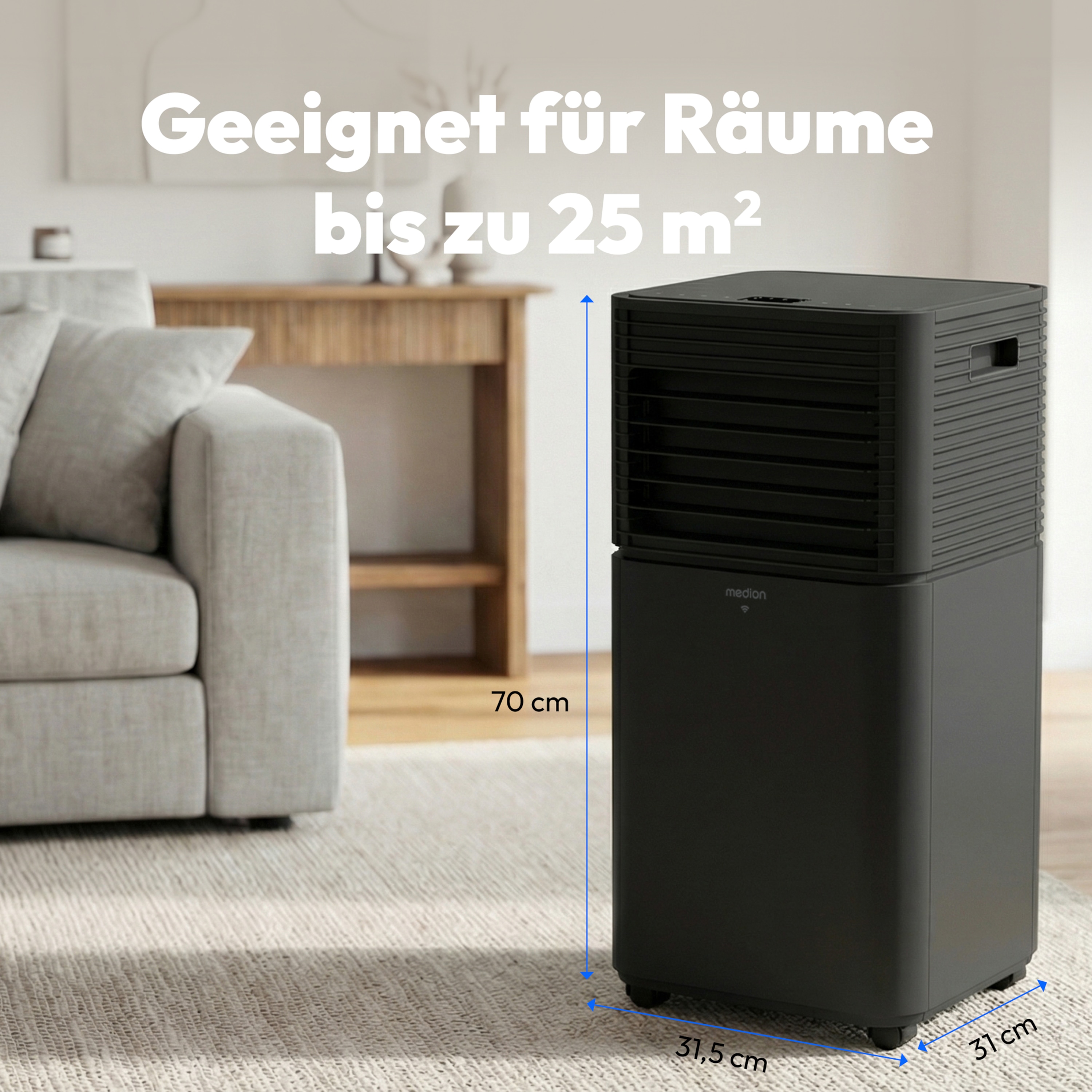 MEDION® LIFE® P701 Klimaanlage (MD 37672), Kühlen, Entfeuchten und Ventilieren, Kühlleistung 7.000 BTU, Kühlmittel R290, max. 25m², Luftdurchsatz 290 m³/h, App- und Sprachsteuerung, Inkl. Fenster-Kit