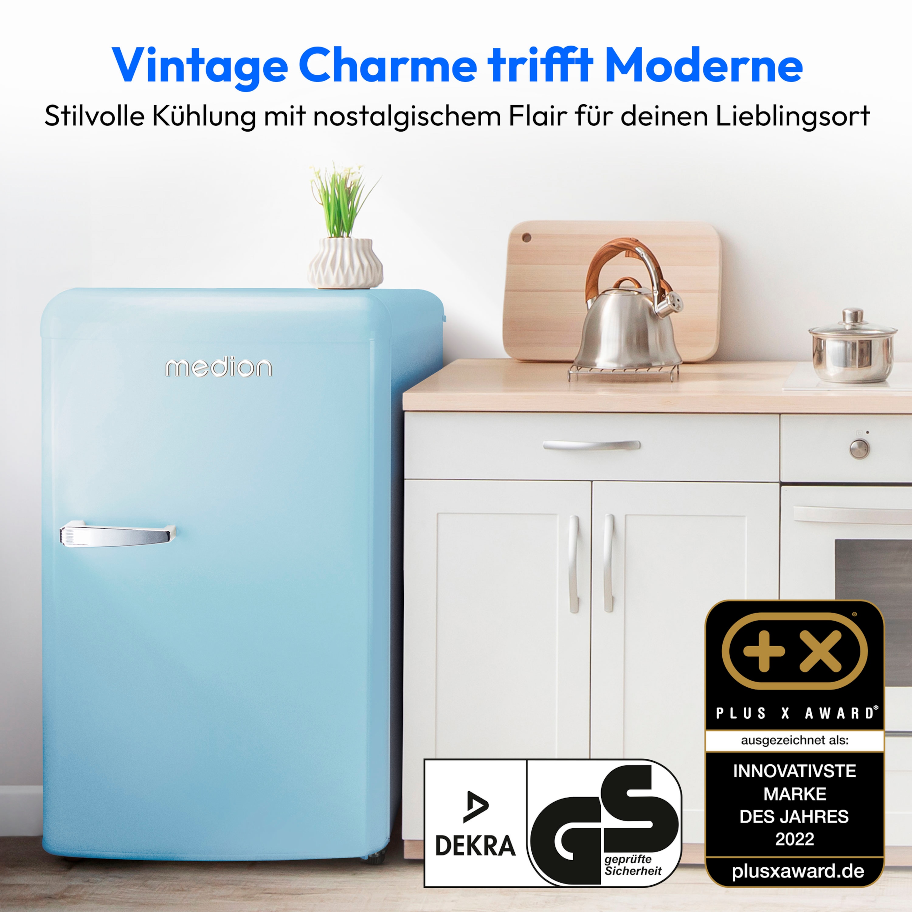 MEDION® LIFE® Retro-Kühlschrank MD 37800, 91 Liter Kühlraum, 38 dB, höhenverstellbare Füße, Energieverbrauch: 85 kWH/Jahr