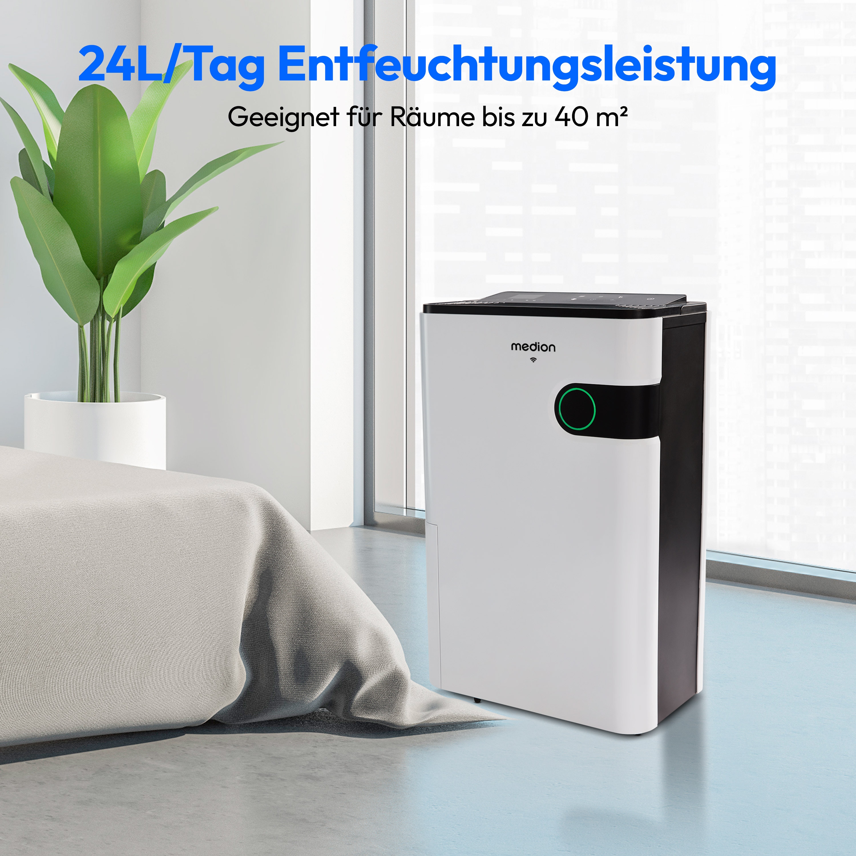 MEDION® Smarter Luftentfeuchter DH30S (MD12044), Steuerung per App, Leistung max. 280W, Volumen Wassertank ca. 5L, 2 Geschwindigkeitsstufen, Touch-Bedienung