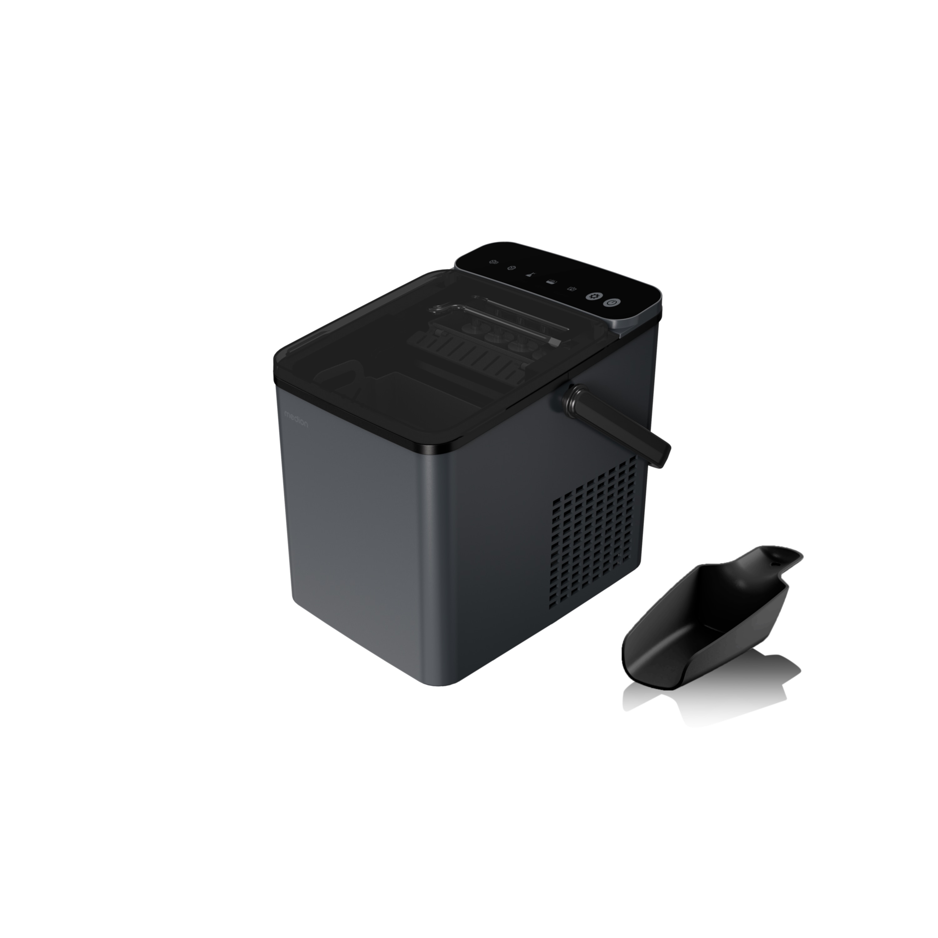 MEDION® MEDION LIFE Eiswürfelbereiter MD 100117, Integrierter Kompressor, 12 kg Eis/Tag, 1,1 L Wassertank, 2 Eiswürfelgrößen (S & L), 9 Würfel pro Zyklus, Selbstreinigung, kompakt mit Tragegriff