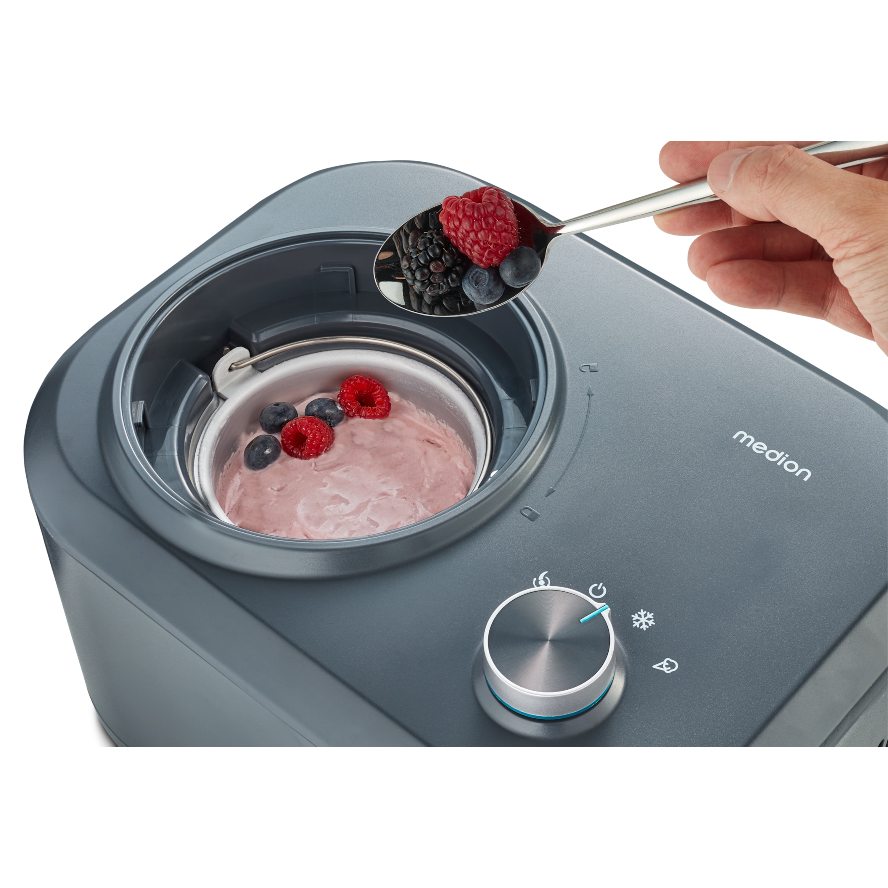 MEDION® LIFE® Eismaschine MD 10169, Kapazität für 1 L Eis, kein Vorkühlen notwendig, entnehmbarer Aluminium-Eisbehälter, geeignet für die Zubereitung von Eiscreme, Frozen Yoghurt & Sorbet