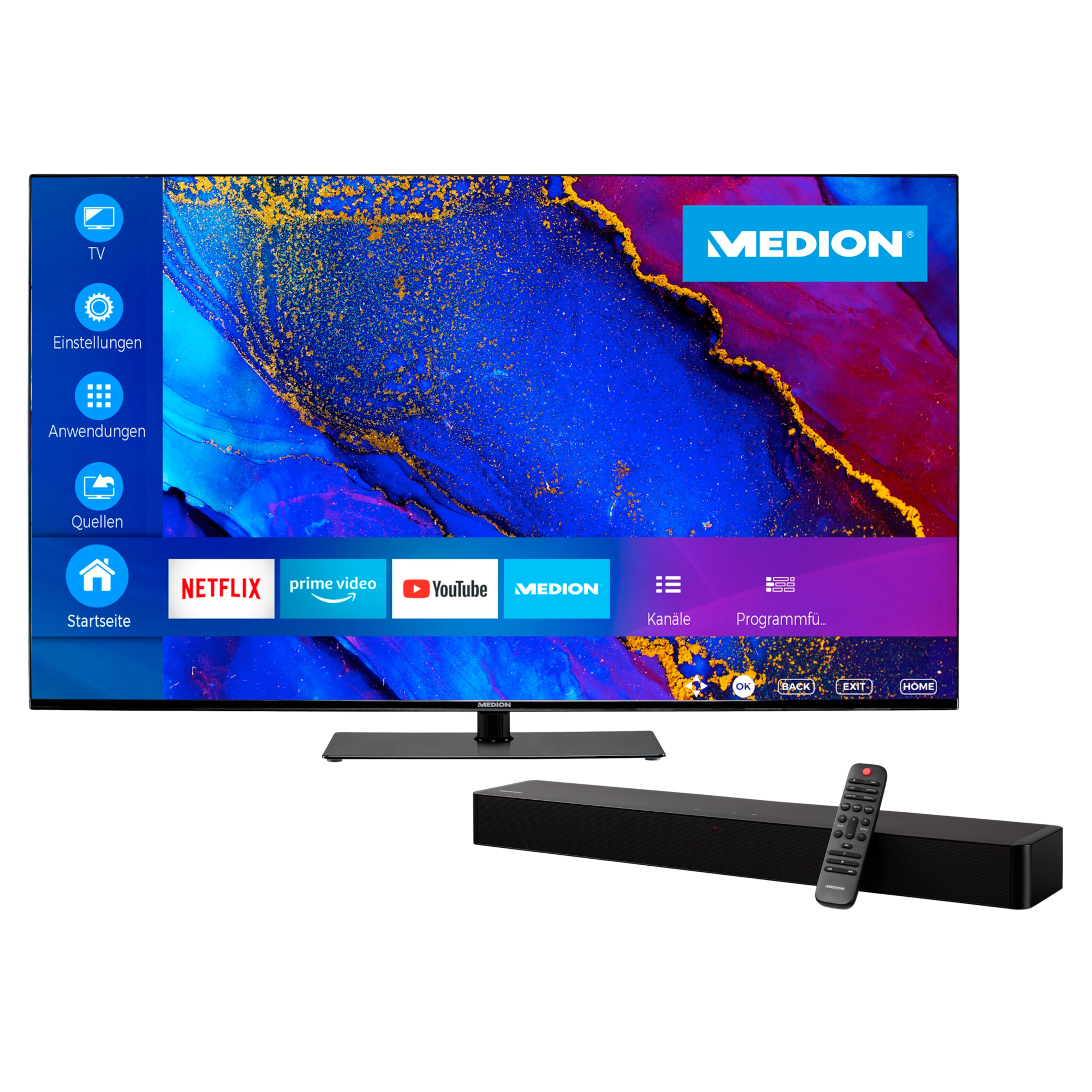MEDION® Entertainment-Bundle - LIFE® X14314 (MD 30720) LCD Smart-TV, 108 cm (43'') Ultra HD Display + Soundbar MEDION® LIFE® P61155 (MD44055)