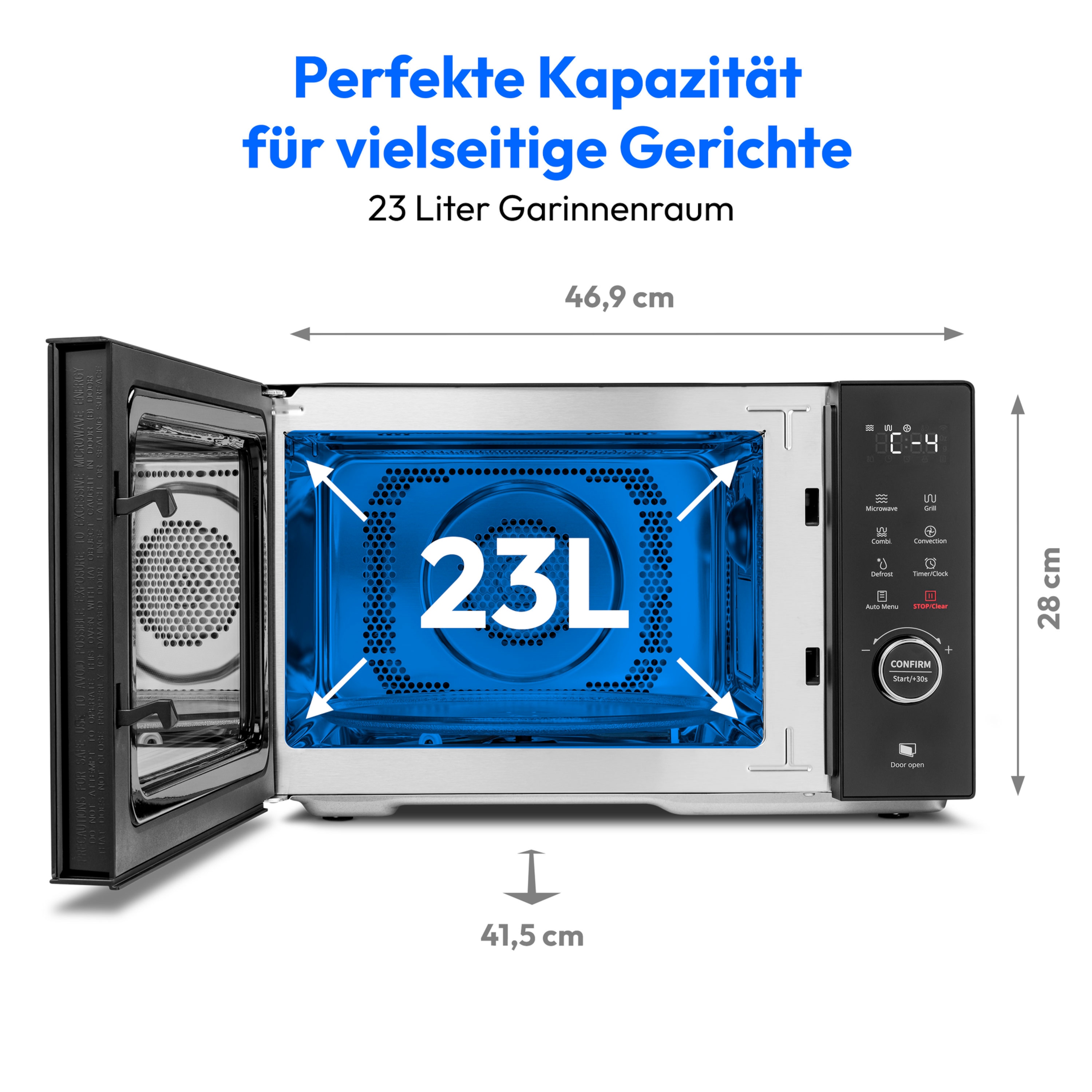 MEDION® LIFE® 3 in 1 Mikrowelle MD12031, 900 Watt Mikrowellenleistung, 1000 Watt Grillleistung, 1680 Watt Heißluftfunktion, Sensor-Touch-Türöffnung, 11 Automatikprogramme, 23 L Kapazität, 5 Leistungsstufen, digitaler 95 min. Timer, Auftaufunktion