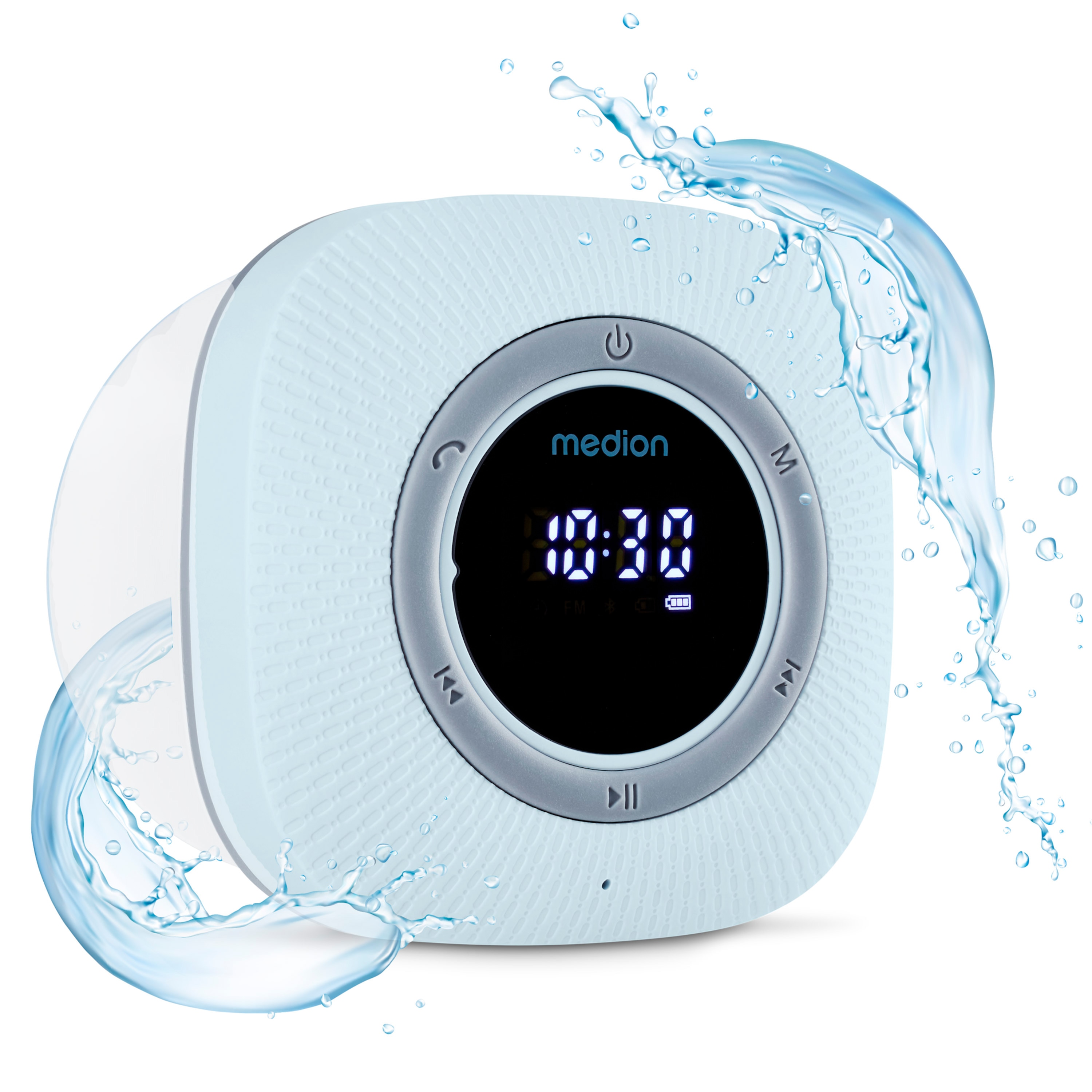 MEDION S66884 Duschradio blau, LED-Display, UKW-Radio, IPX6 Schutz, Bluetooth 5.0, 30 W Ausgangsleistung (3 W RMS)