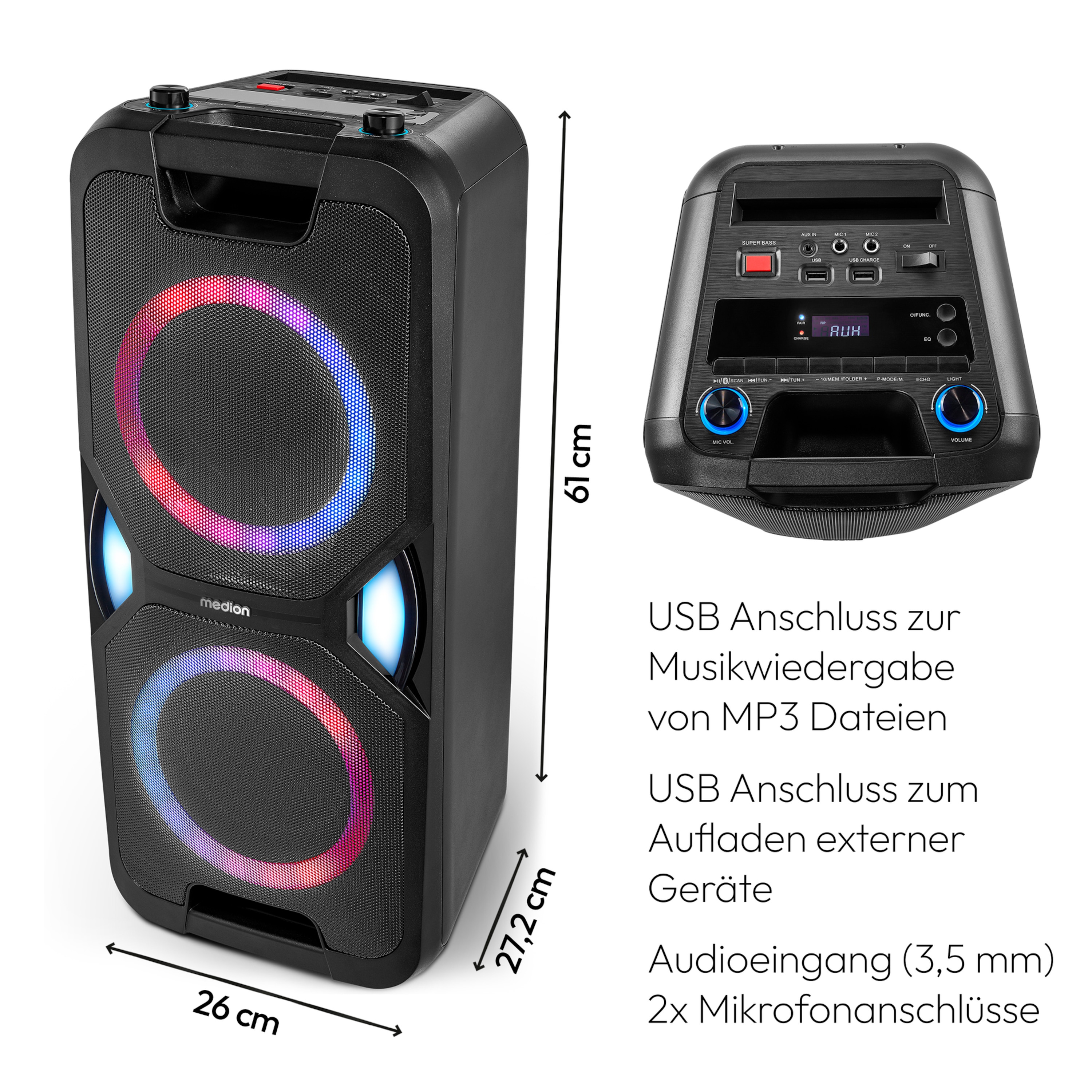 MEDION® LIFE® P61468 Partylautsprecher, PLL-UKW Radio, Bluetooth® 5.0, satter Sound, verschiedene Lichteffekte, X-Bass Bassanhebung, inkl. Mikrofon, 2 x 22 W RMS Ausgangsleistung