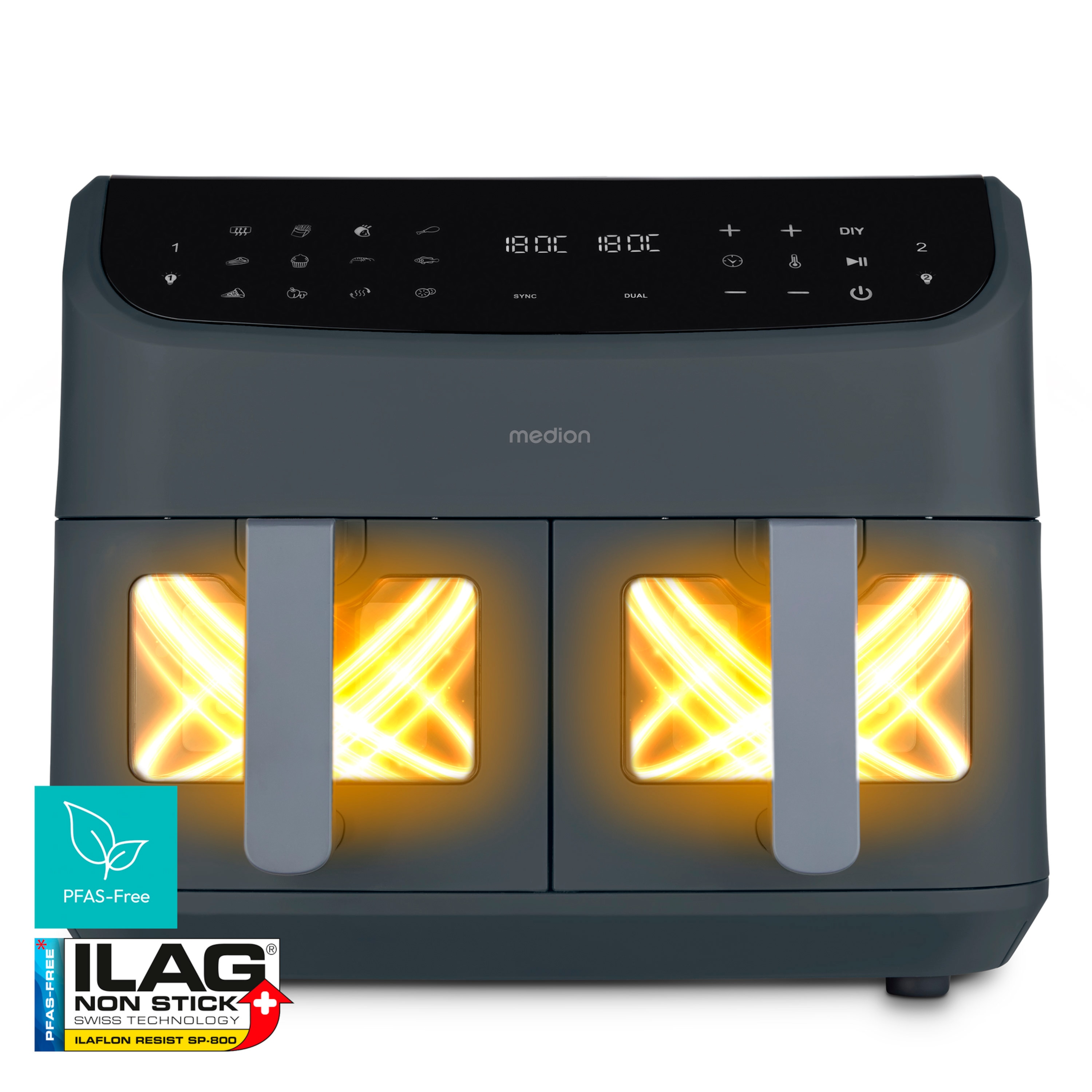 MEDION® LIFE® P20 XXL Twin Doppelzonen-Heißluftfritteuse MD 11760 matt grau, 100 Rezepte in der Life+ App, 2 separate Garzonen, 9 Automatikprogramme, 8,7 L Gesamt-Nutzinhalt, 2.600 Watt, Temperatur einstellbar bis 200 °C