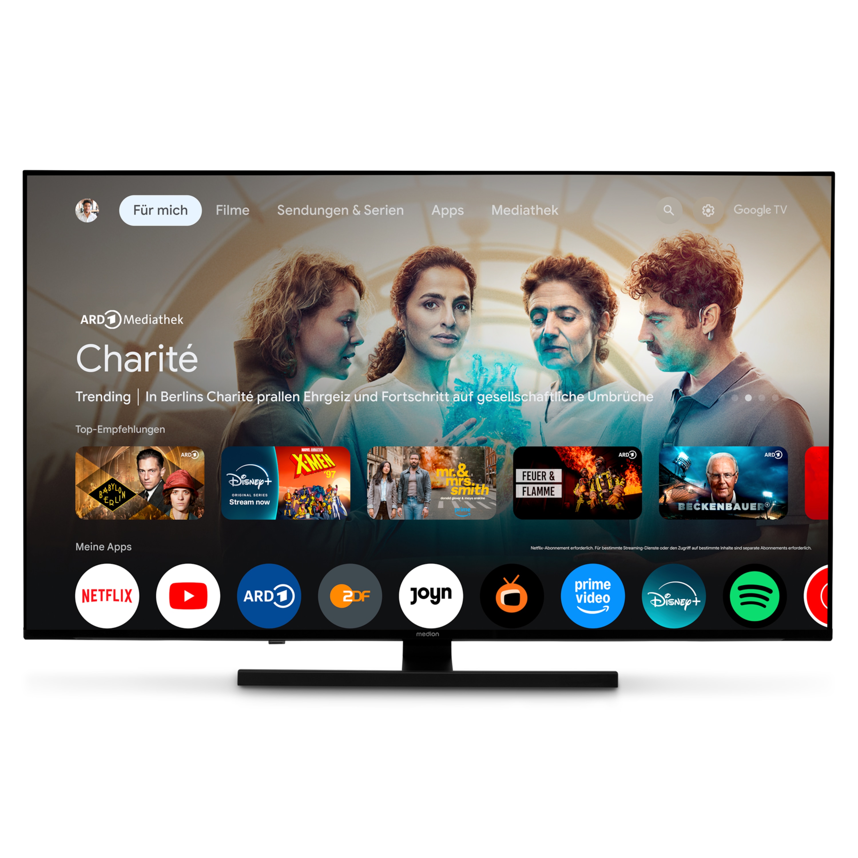 MEDION® LIFE® X8652505 (MD 865700) QLED Google TV™, 163,9 cm (65'') Ultra HD, HDR, Dolby Vision®, MEMC, PVR ready, Netflix, Amazon Prime Video, Bluetooth®, Dolby Atmos, DTS Virtual X, DTS X, HD Triple Tuner, CI+ Schnittstelle
