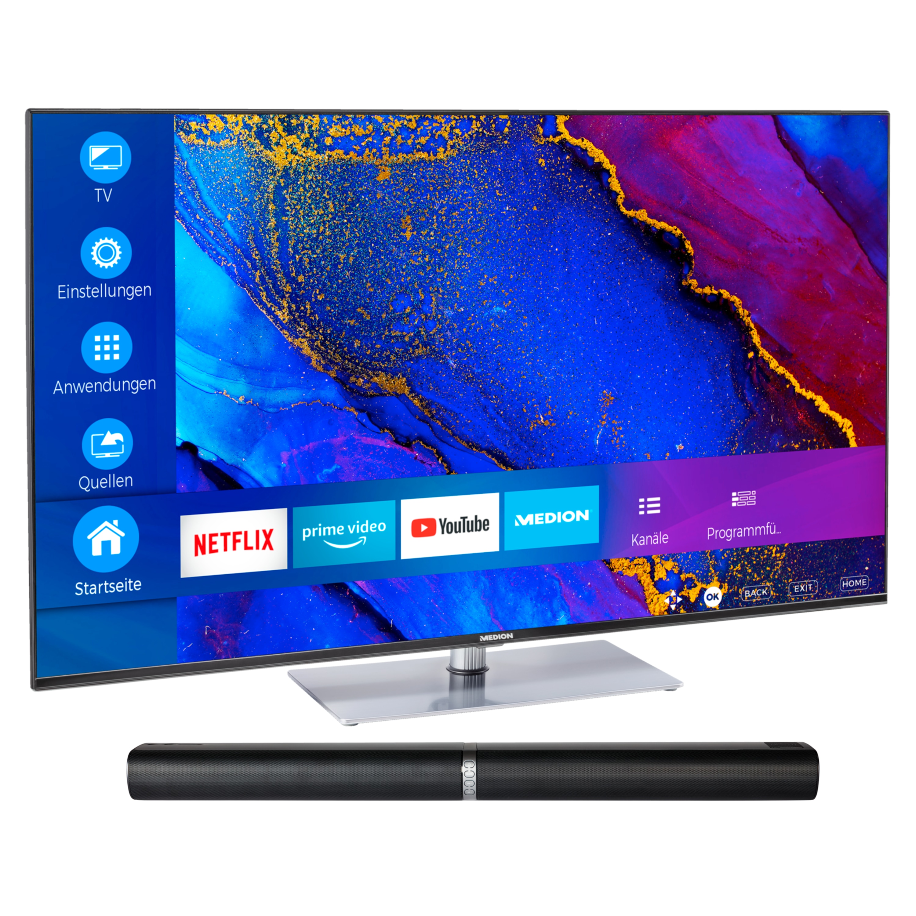 MEDION® LIFE® X16522 163,9 cm (65'') Ultra HD Smart-TV + P61202 TV-Soundbar mit Bluetooth® - ARTIKELSET