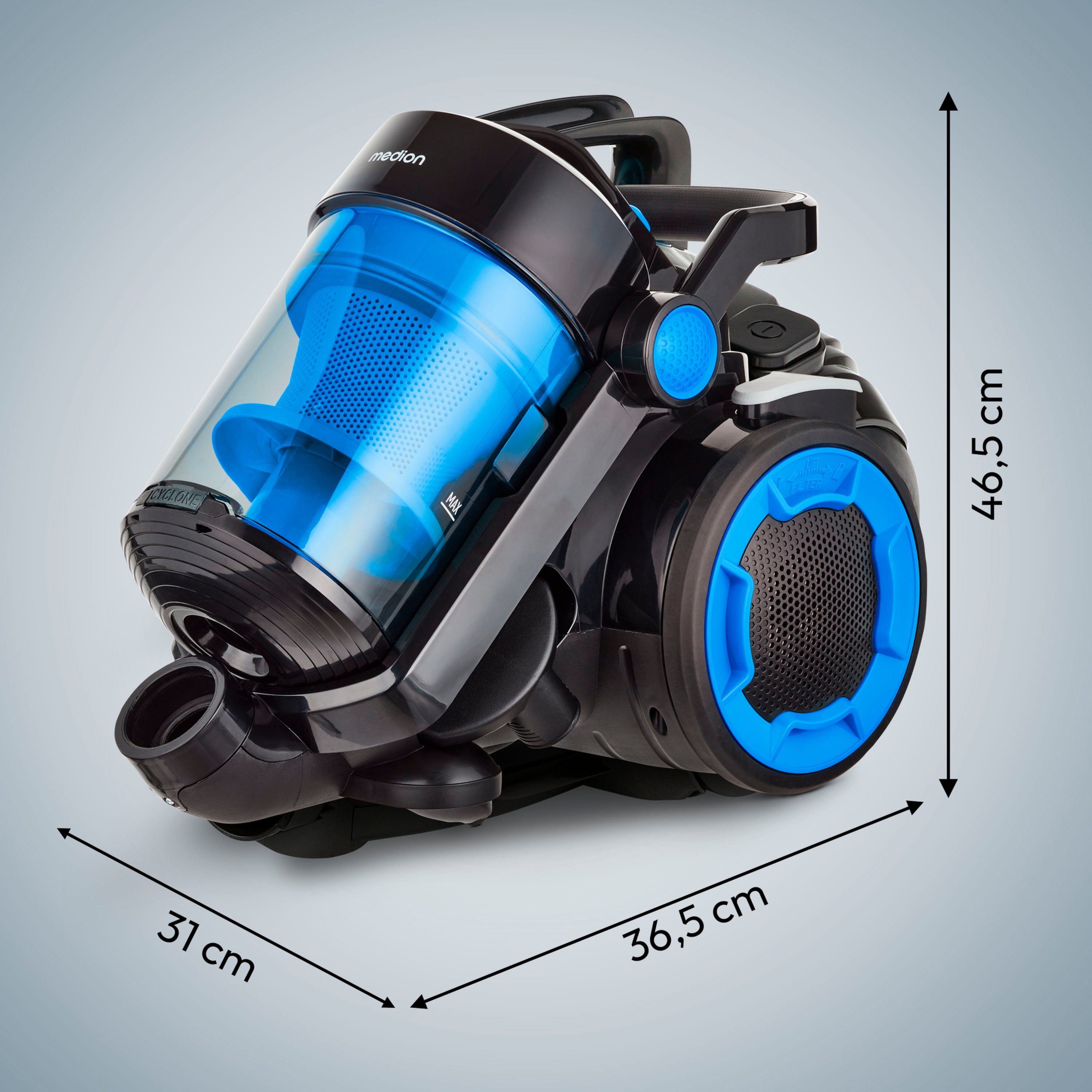 MEDION® LIFE P4000 Beutelloser Zyklon-Staubsauger, 900 W Saugleistung, Staubbehälterkapazität 4,3 L, HEPA 13 Filter, integriertes Zubehör