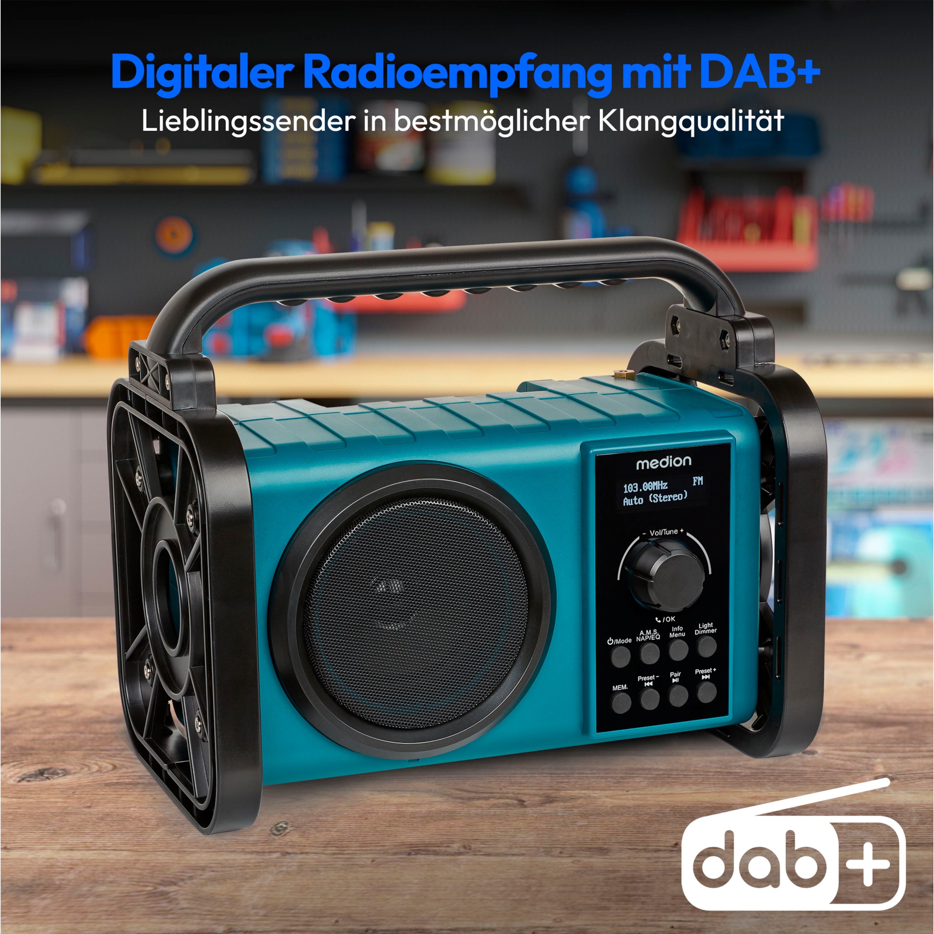 MEDION® LIFE® E66877 Baustellenradio, DAB+/PLL-UKW Radio, Dot Matrix LC-Display, Bluetooth® 5.0, spritzwassergeschützt (IP44), robustes Gehäuse, LED-Arbeitslicht, integrierter Akku, 5 W RMS