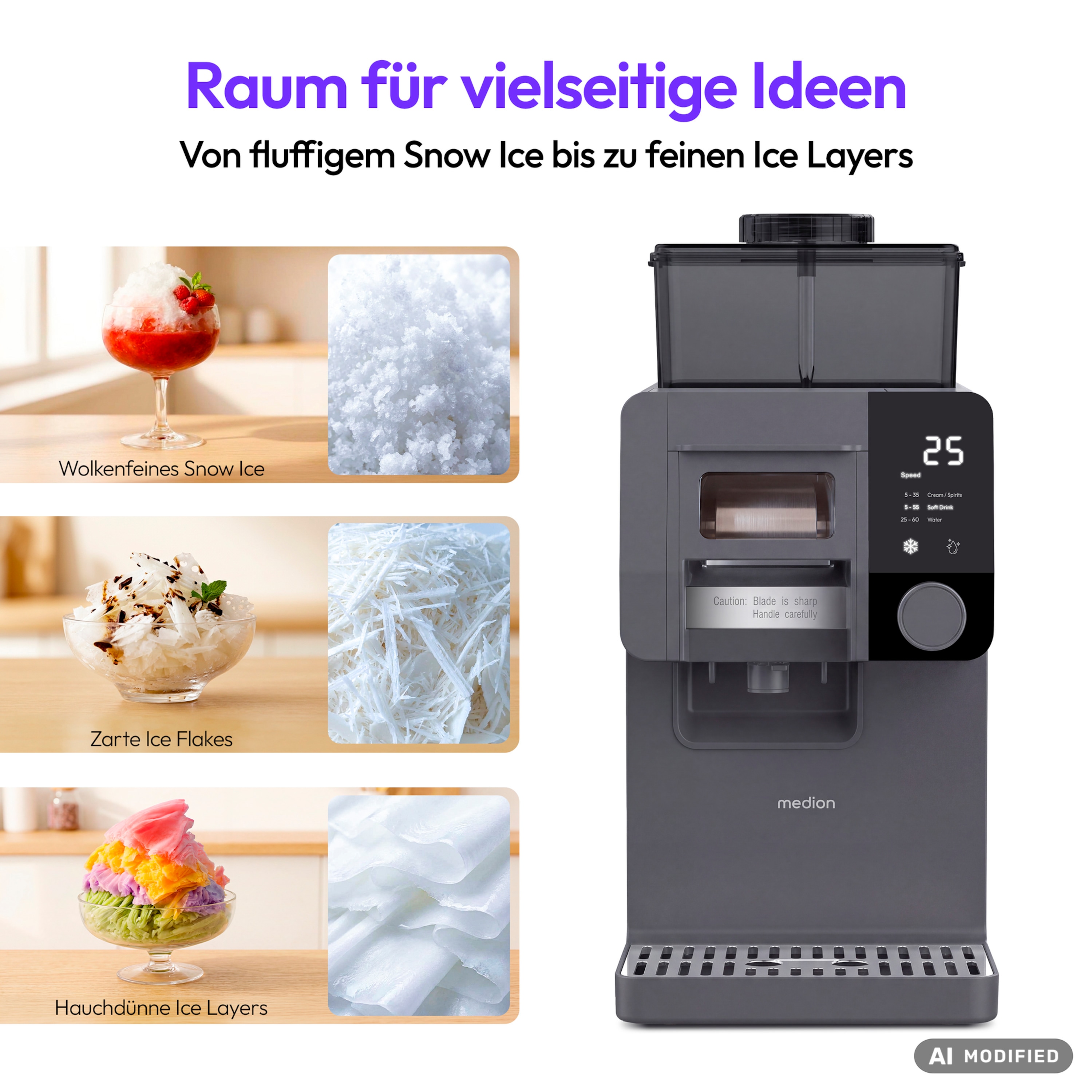MEDION® Snowzy MD 100183, Snow-Ice-Maker, 200 Watt, 1,8-Liter-Tank, in 50 Sekunden startklar, stufenlose Geschwindigkeitsregelung, LED-Display