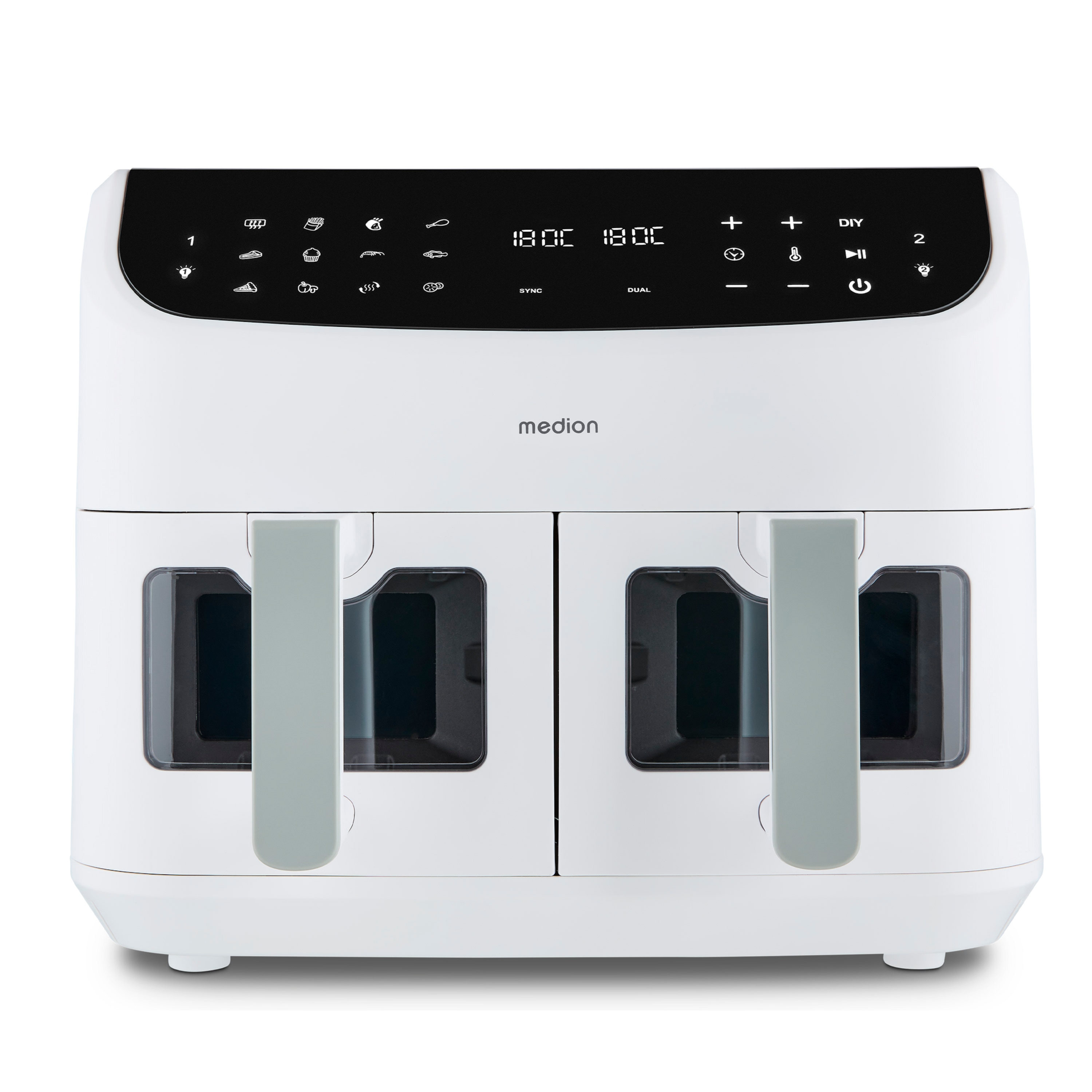 MEDION® LIFE® P20 XXL Twin Matt Doppelzonen-Heißluftfritteuse MD11760, 100 Rezepte in der Life+ App, 2 separate Garzonen, 9 Automatikprogramme, 8,7 L Gesamt-Nutzinhalt, 2.600 Watt, Temperatur einstellbar bis 200 °C